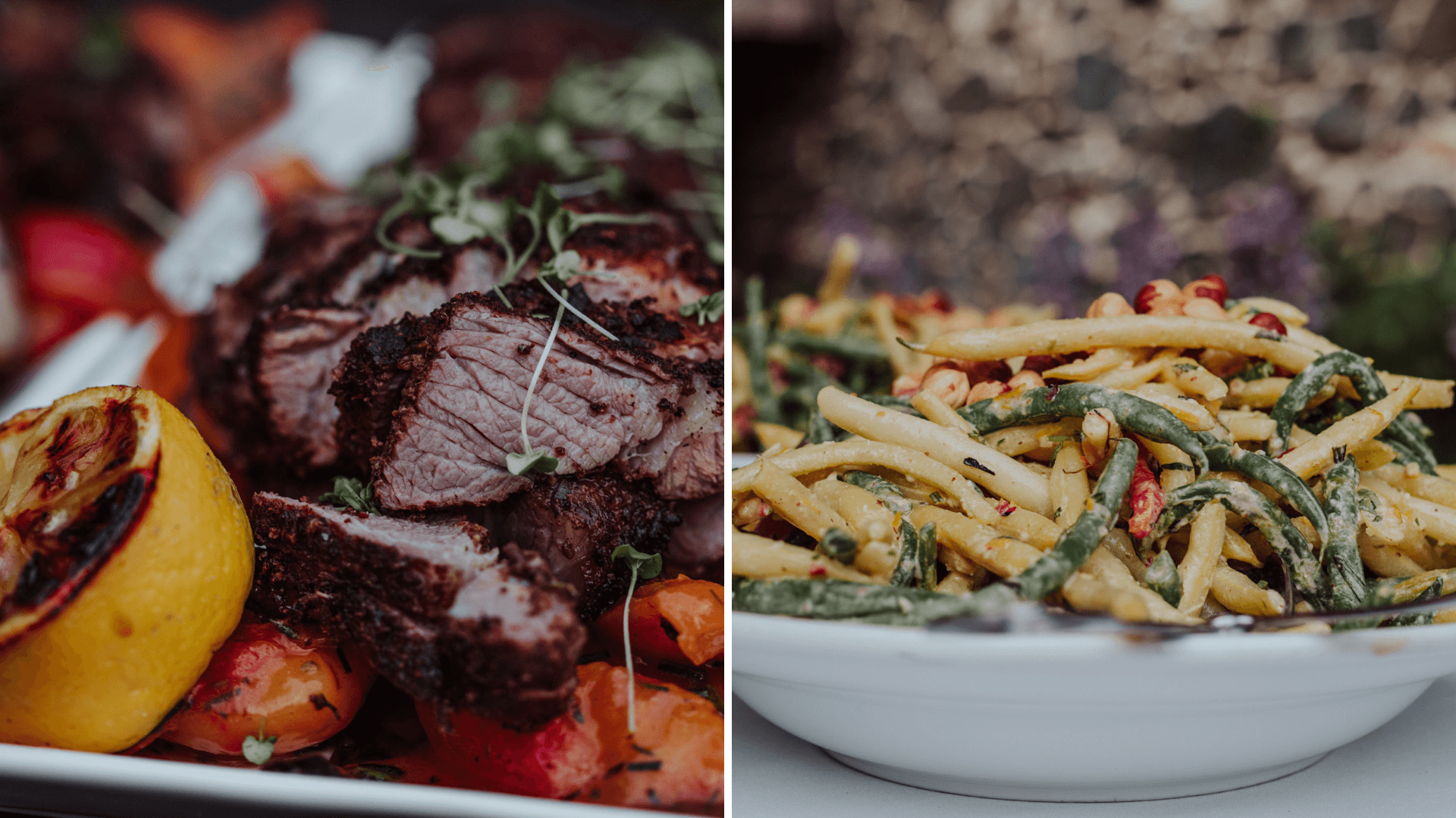 A close-up of grilled meat with vegetables on the left and a plate of pasta mixed with green beans and nuts on the right.