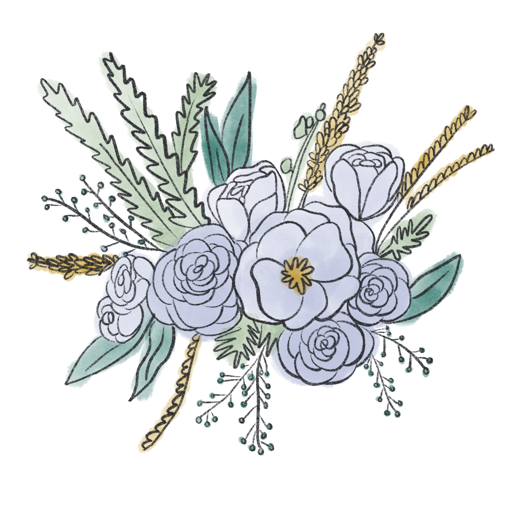 Illustration of a floral arrangement with light gray roses, green leaves, yellow wheat stalks, and small blue accents on a black background.