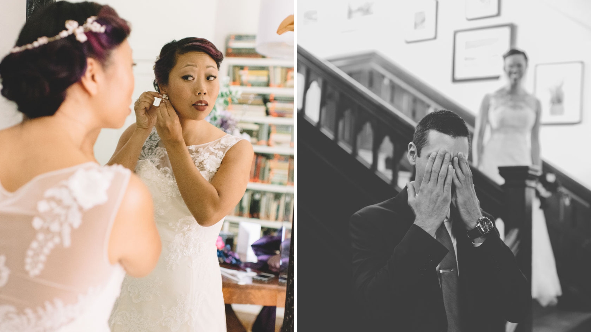 Left: A woman in a white dress adjusts her earring. Right: A man covers his face with his hands as a woman descends stairs in a wedding dress.