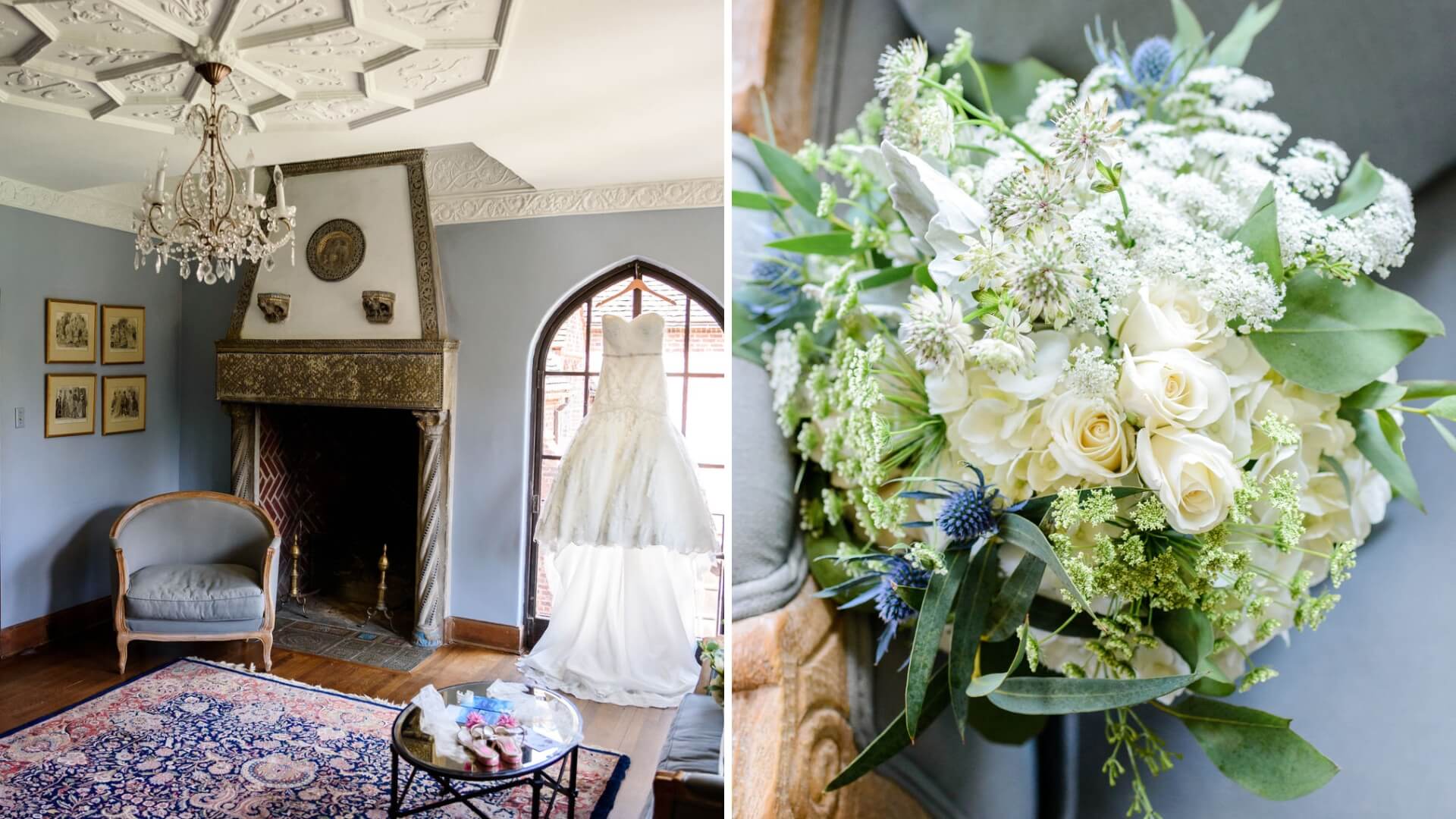 A room with a vintage chandelier and fireplace, featuring a wedding dress on display. Next to it, a bouquet of white roses and greenery is showcased on a chair.
