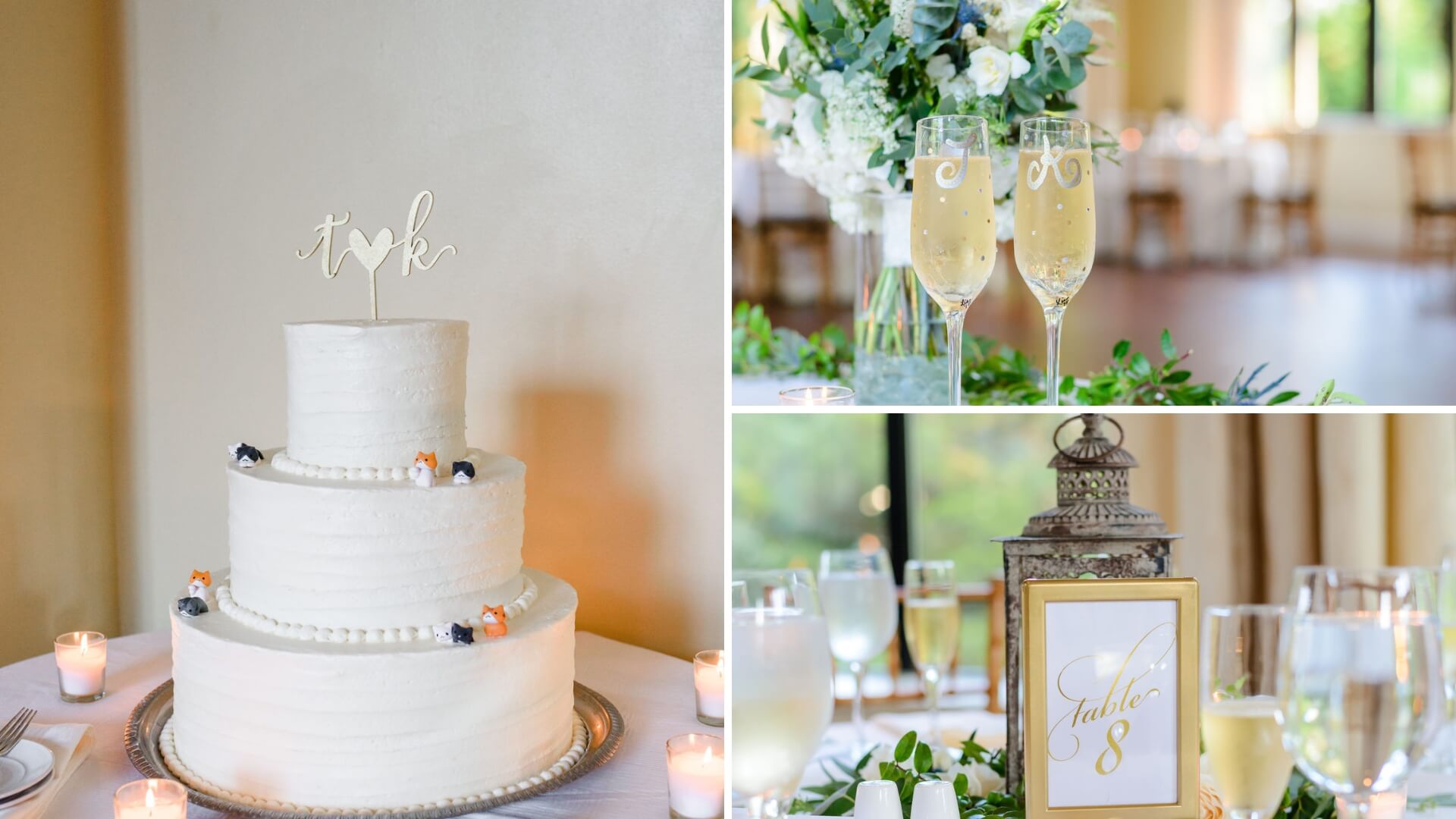 Wedding scene with a three-tier white cake, elegant table setting with champagne flutes, floral arrangements, and a card marked "Table 8.