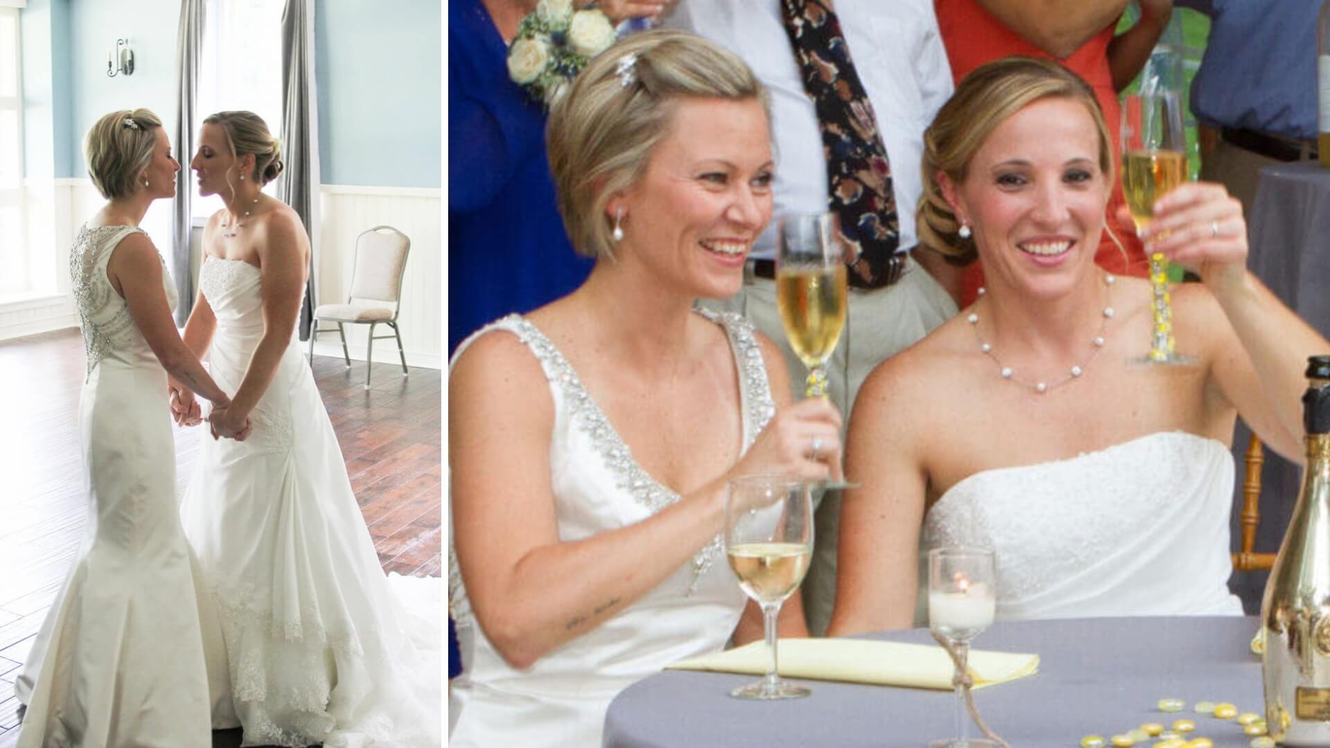 Two brides in wedding dresses celebrate holding glasses of champagne; on the left, they stand holding hands, and on the right, they are seated and smiling.
