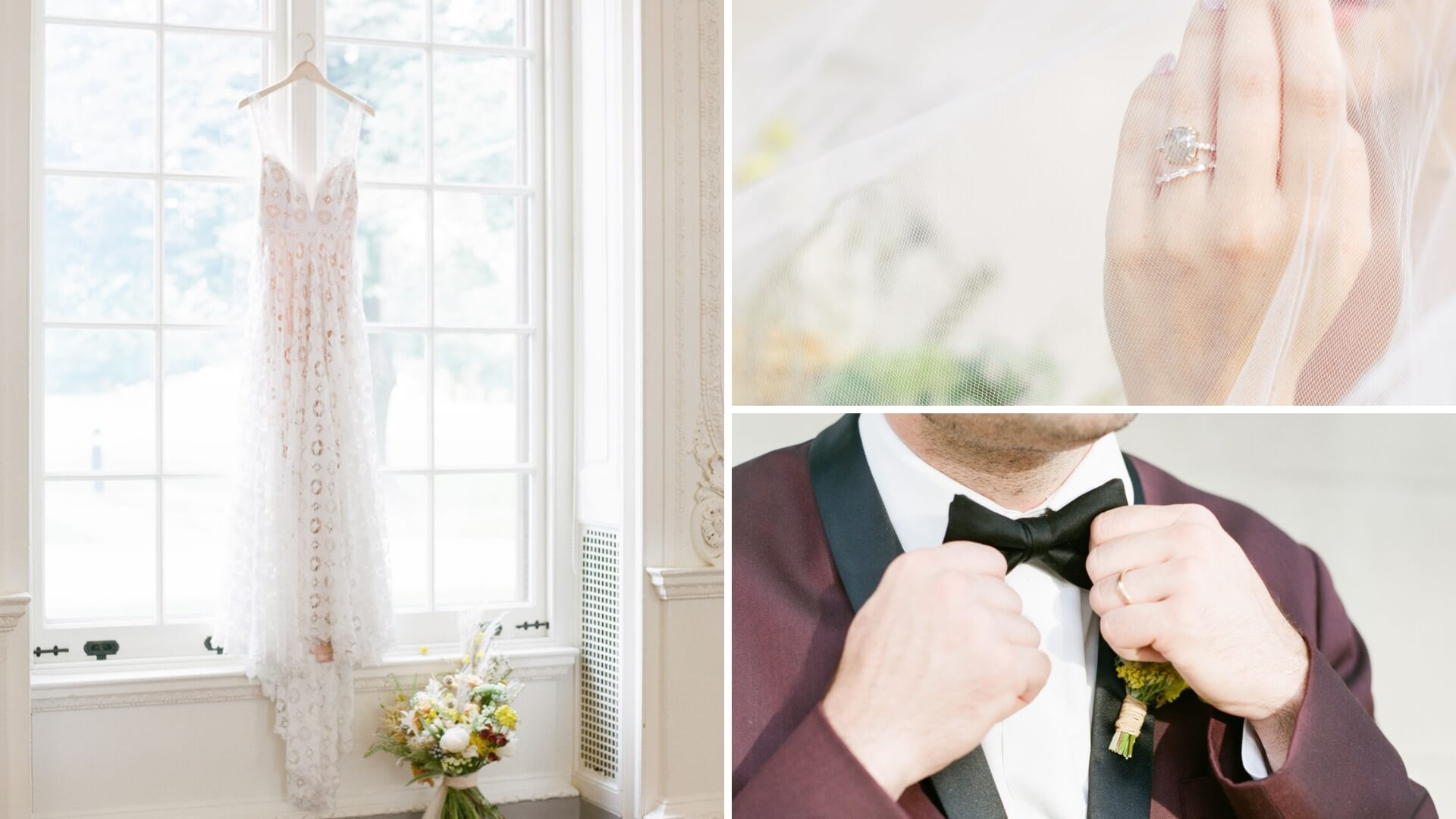 A lace wedding dress hangs by a window, while a person adjusts a black bow tie. Another person shows a ring on their finger, partially covered by a veil. A bouquet sits below the dress.