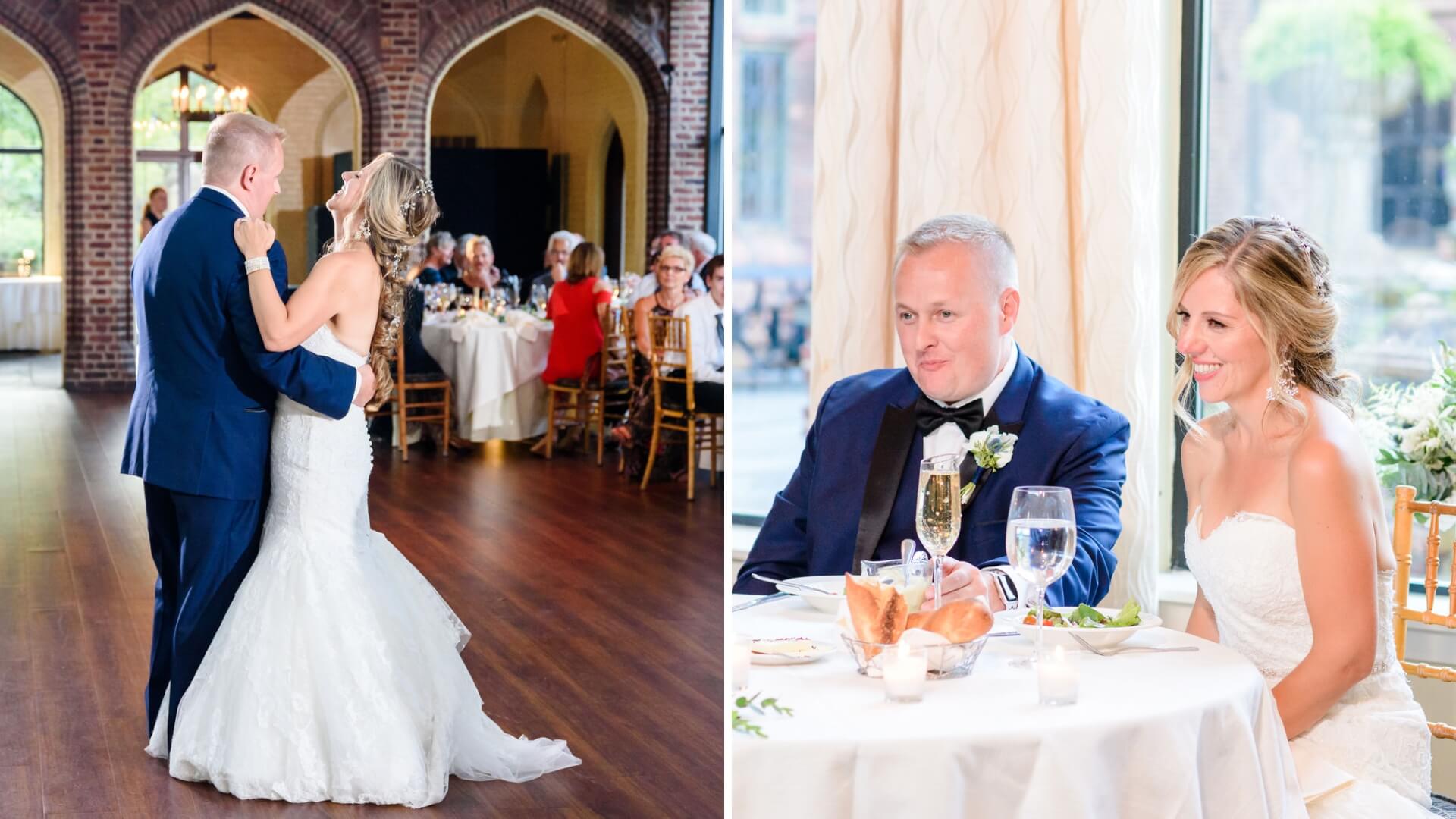 A couple dances in wedding attire on a wooden floor with seated guests watching. In a second image, they sit at a table with food, drinks, and a window view.