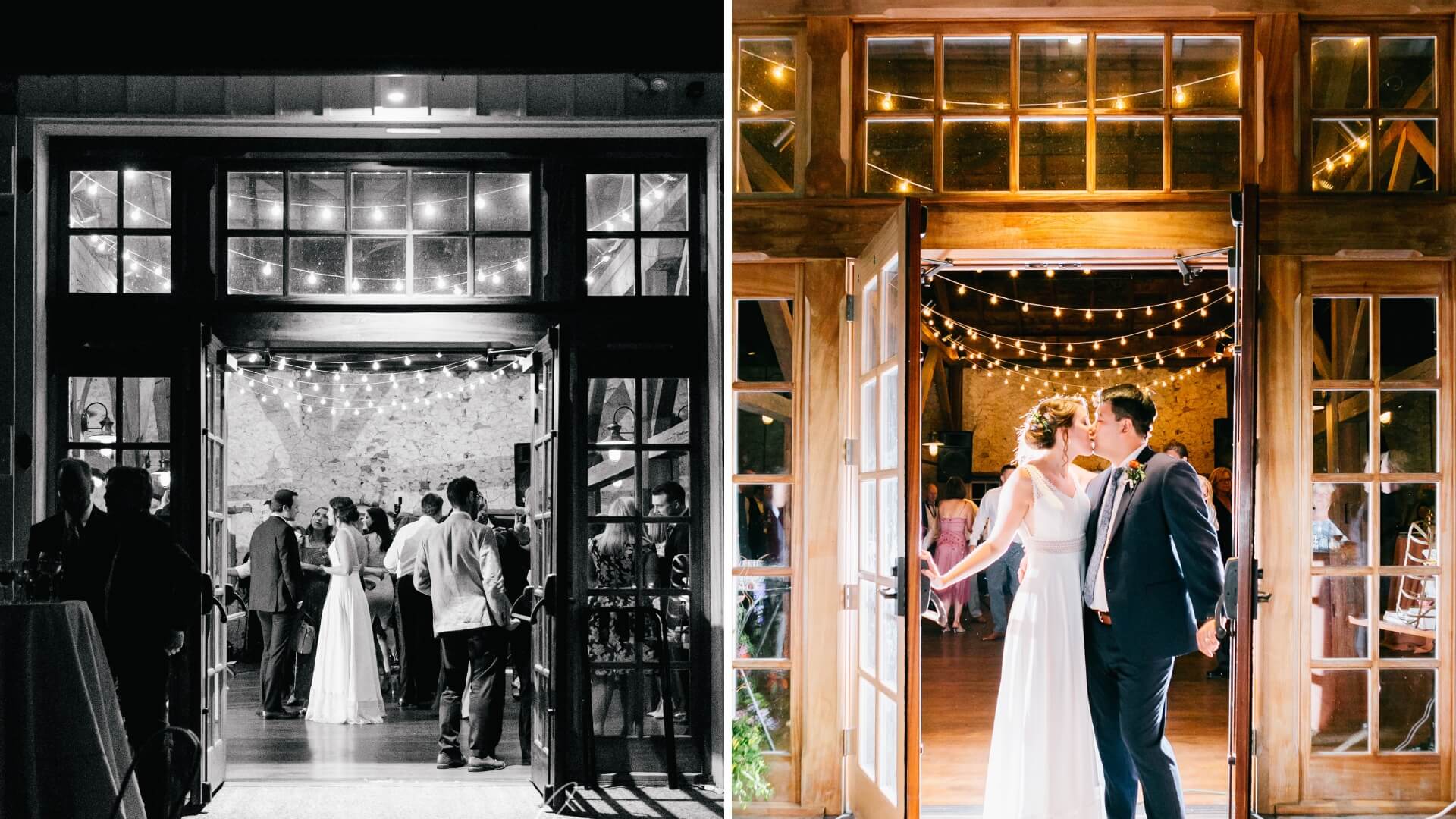Side-by-side images of a couple at a wedding venue entrance with string lights. One side is in black and white, the other in color. The bride wears a white dress; the groom is in a suit.
