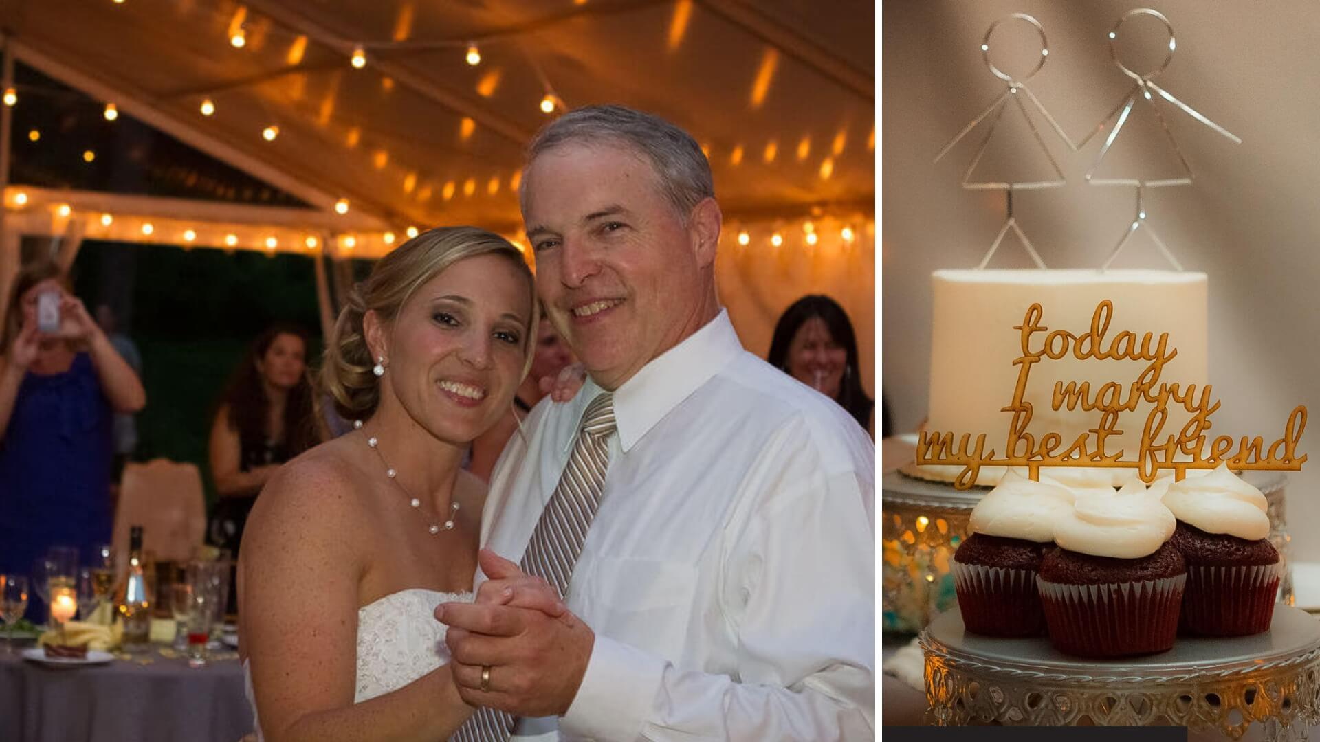 Bride and groom dancing under string lights; people around them. Beside them, a cake with cupcakes and a topper saying "today I marry my best friend.