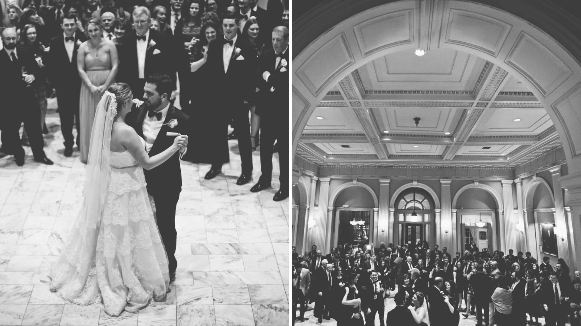 A bride and groom dance surrounded by guests on a marble floor, with another view showing a grand hall filled with seated attendees.