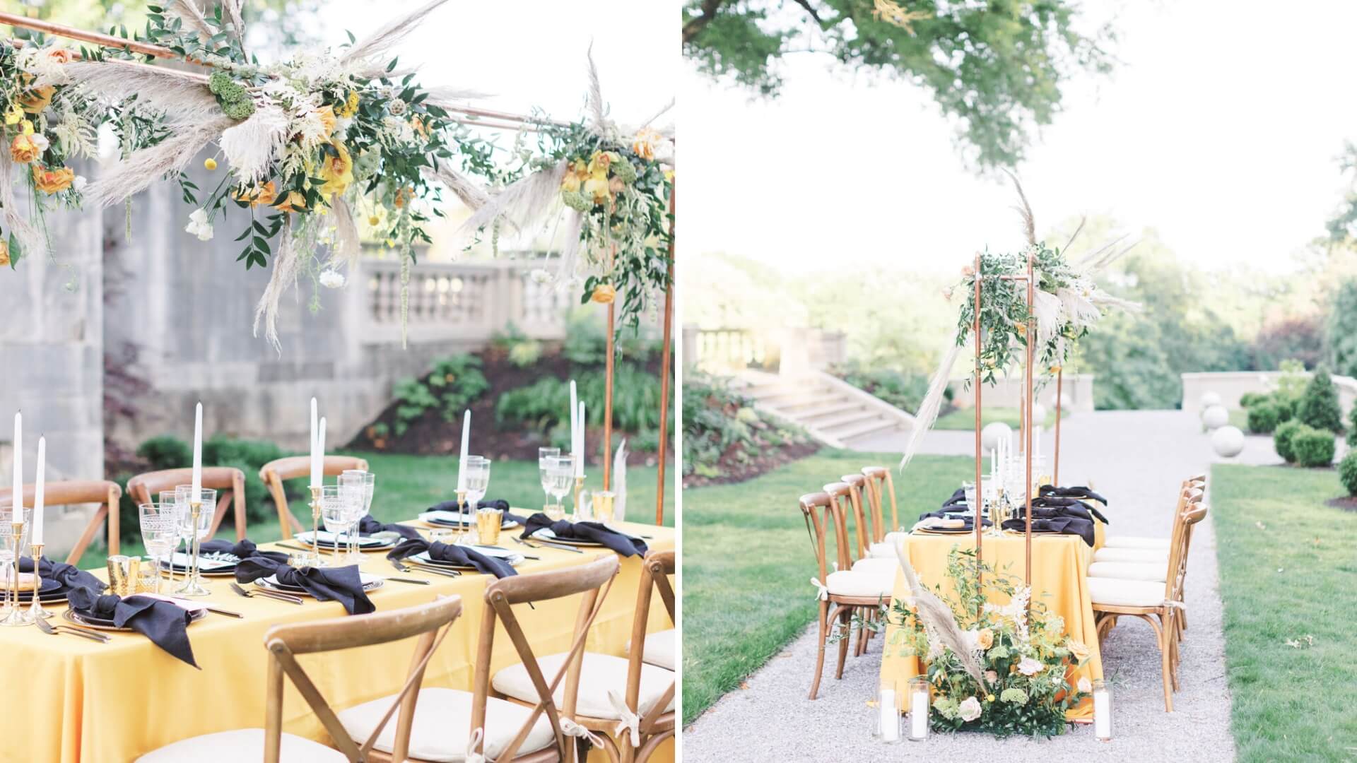Two images of an outdoor table setting with yellow tablecloths, wooden chairs, black napkins, and floral arrangements with pampas grass and citrus accents. Lush greenery surrounds the area.