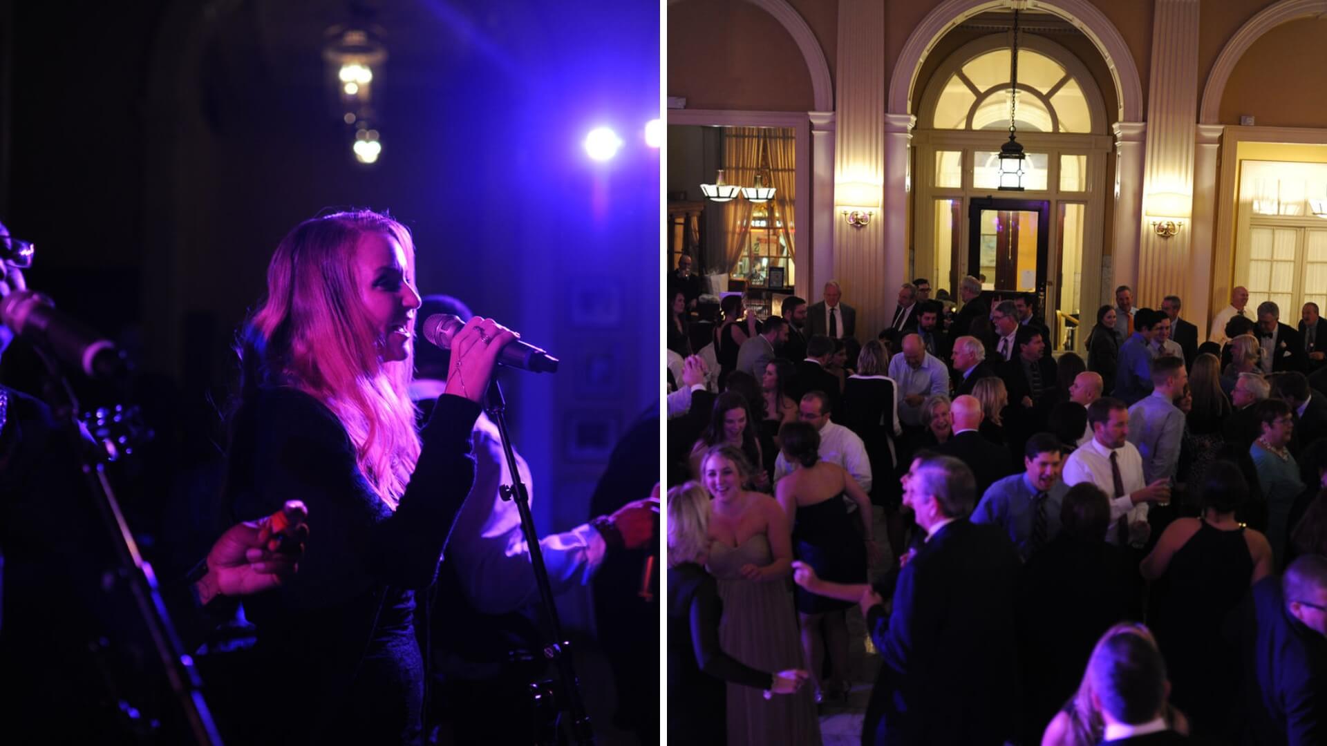 Split image: Left shows a woman singing into a microphone under purple lighting. Right shows a large group of people socializing and dancing in an elegantly lit indoor venue.
