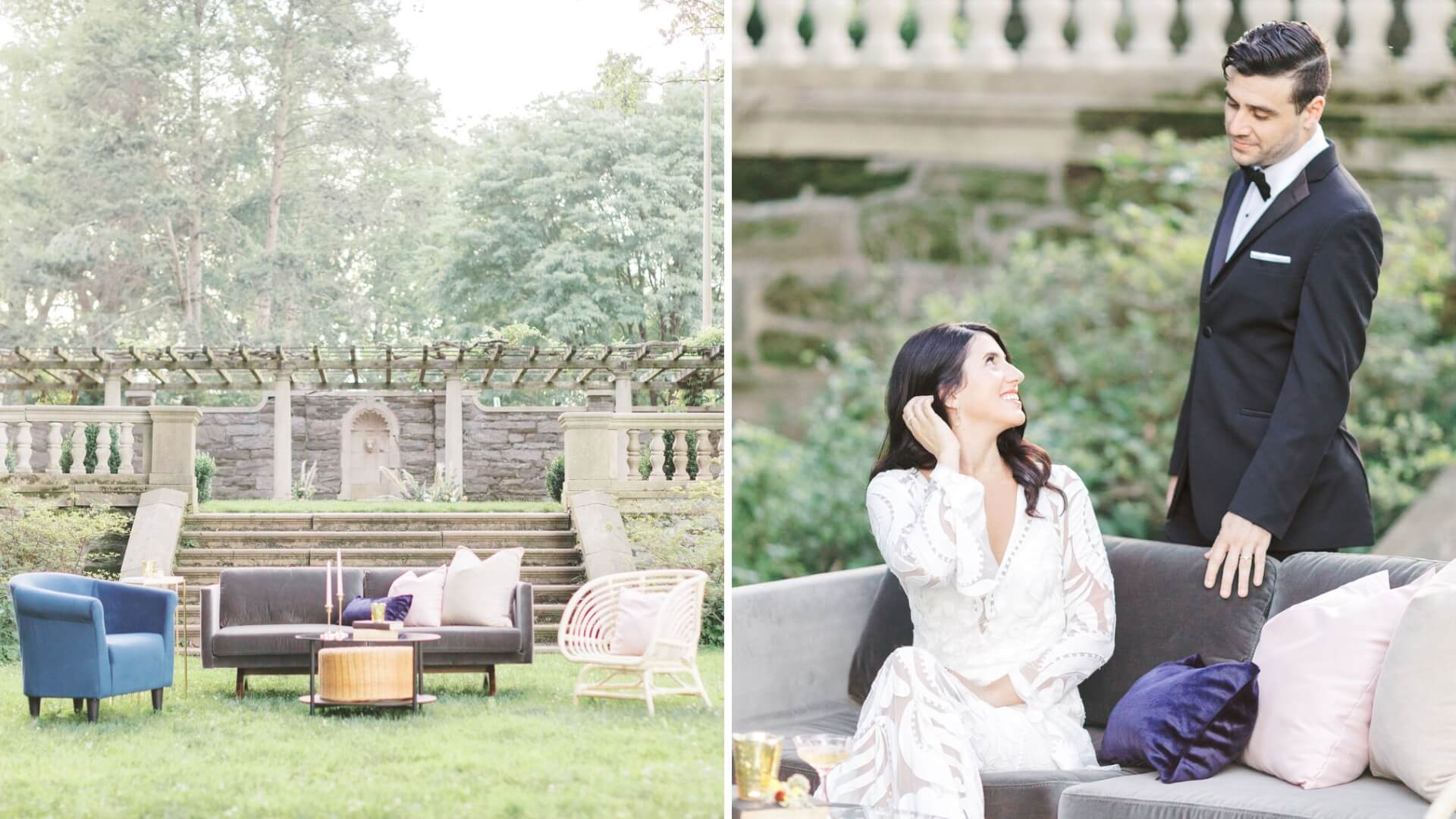 Elegant outdoor setting with a pergola and seating area; a couple, dressed formally, share a moment on a sofa.
