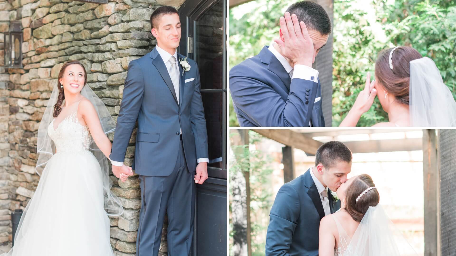 Bride and groom share a moment; they hold hands around a stone wall, groom appears emotional, then couple kisses outside.