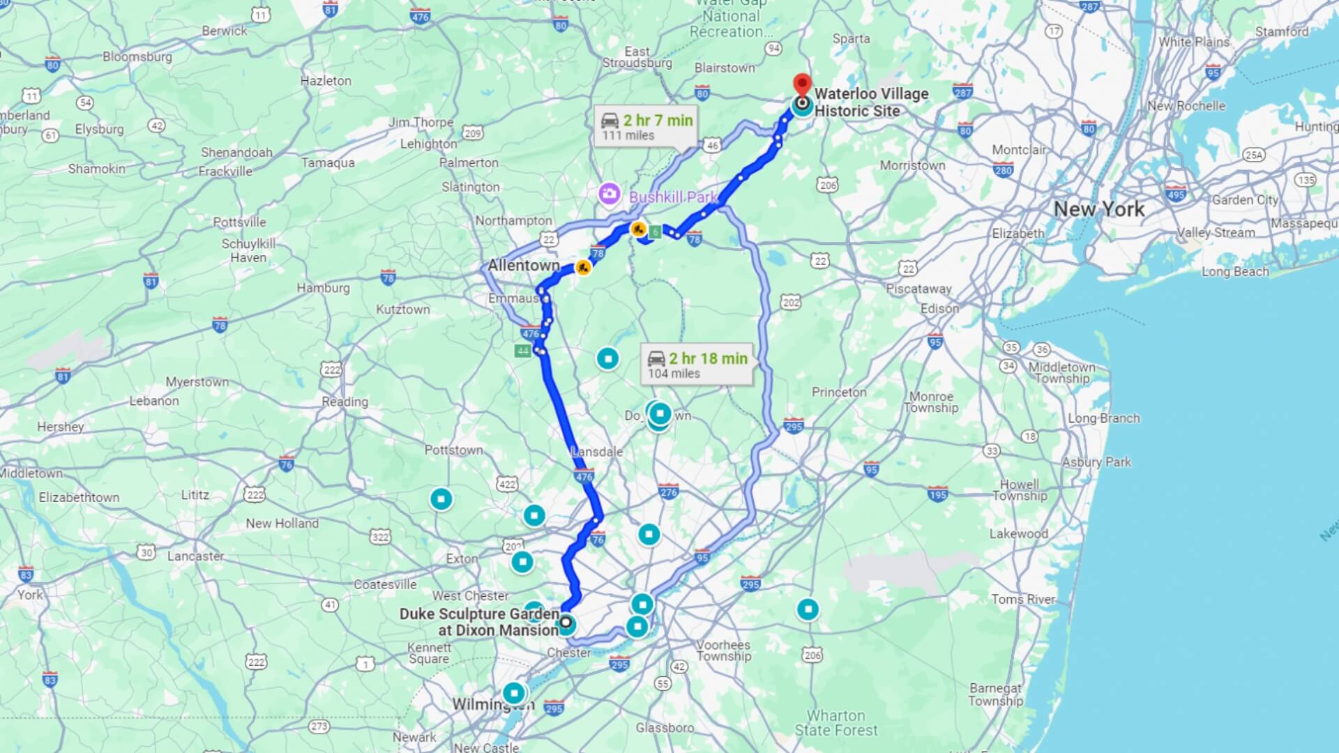 Map showing a driving route from Duke Sculpture Garden in New Jersey to Historic Village, with a duration of approximately 2 hours and 27 minutes.