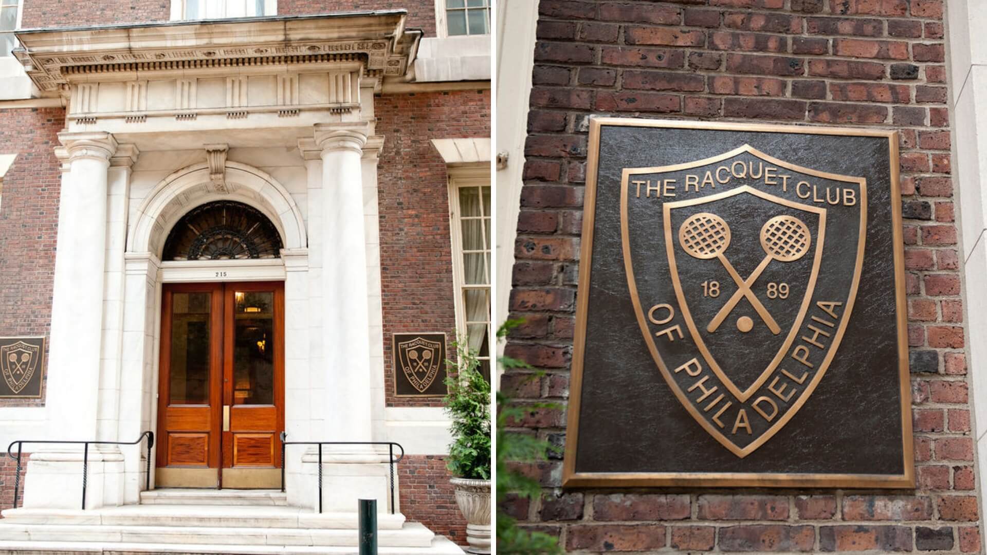 Entrance of a brick building with a wooden door, featuring a sign for "The Racquet Club of Philadelphia" with crossed racquets and "1889" on a plaque.