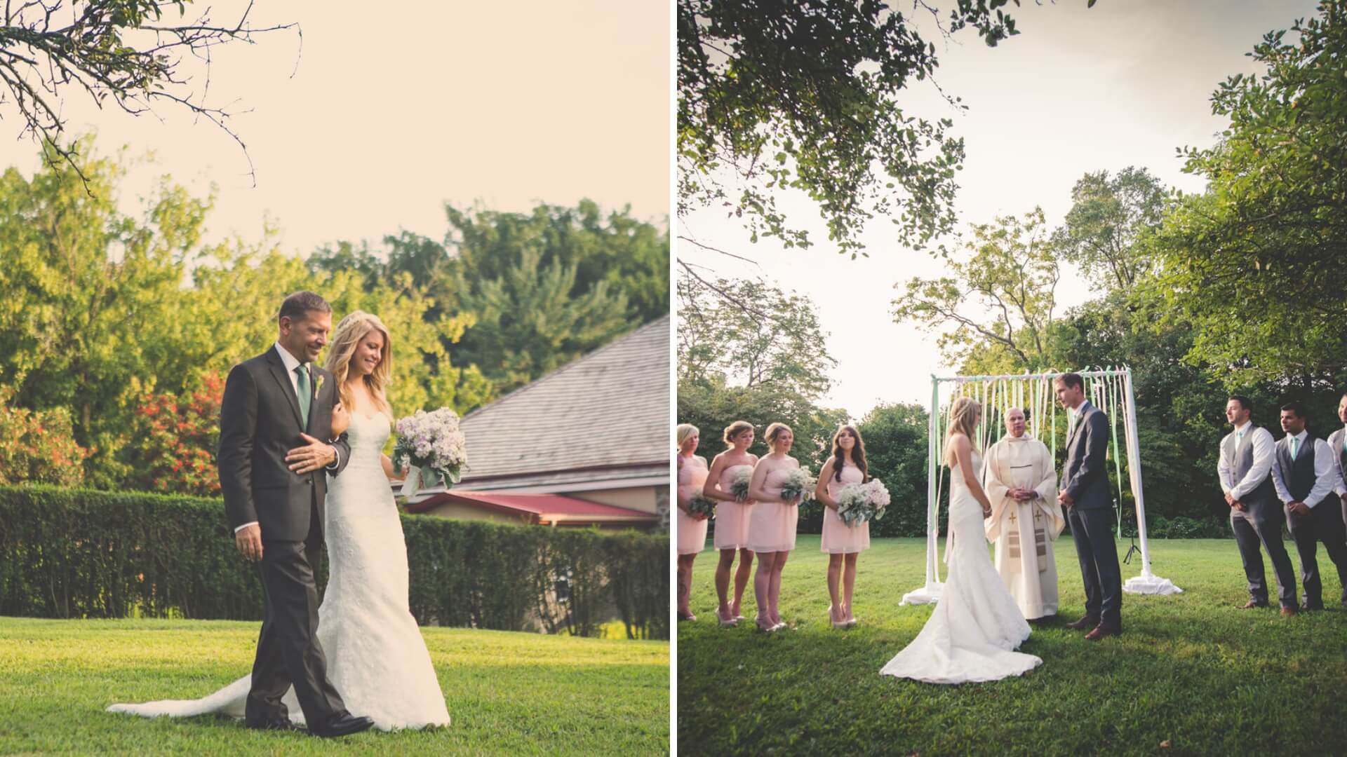 A bride walks with a man in a garden. To the right, a bride and groom stand at an outdoor wedding ceremony with bridesmaids and groomsmen nearby.
