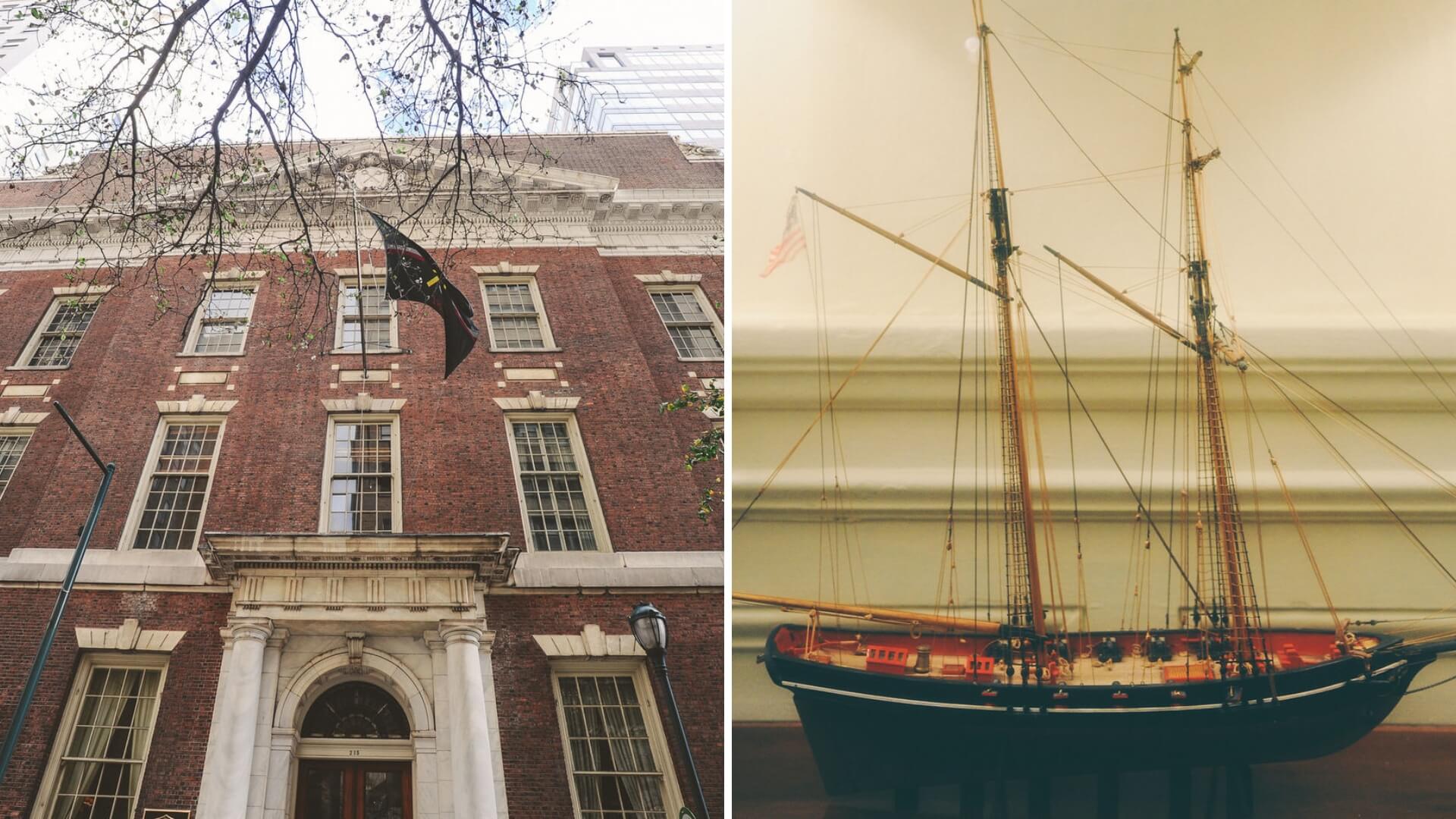 Left: A brick building with tall windows and a flag. Right: A detailed model of a sailing ship on display.