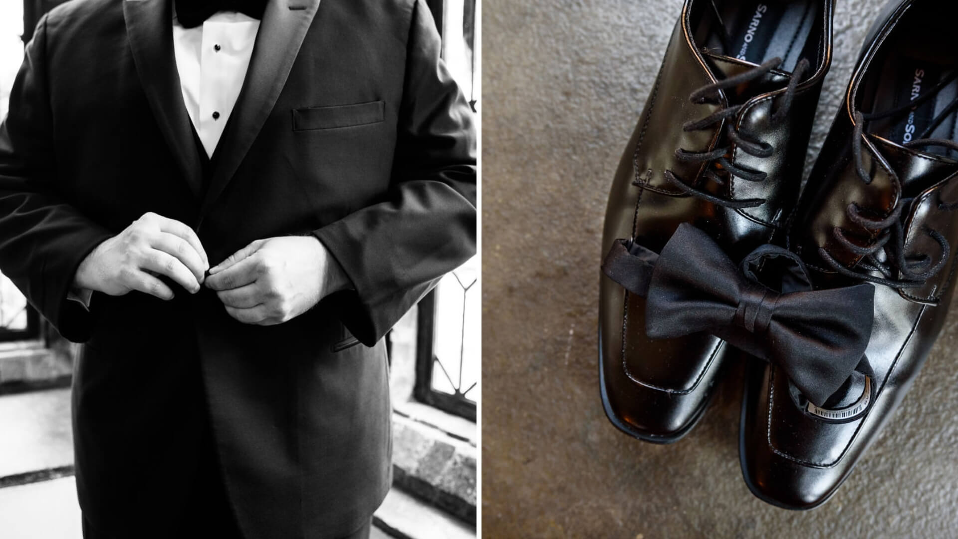 Man buttoning a black suit jacket on the left; black dress shoes and a bow tie on the right.