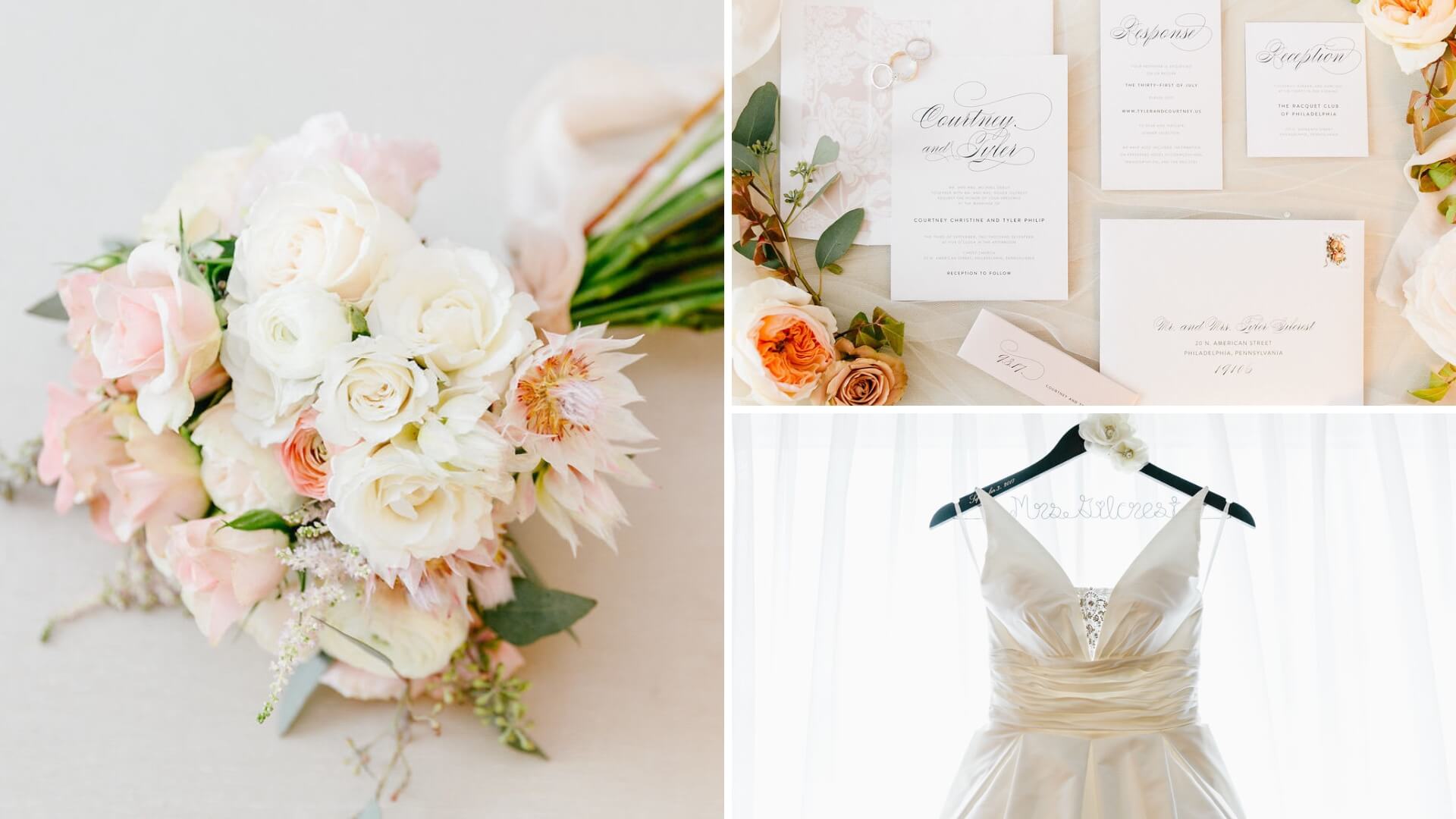 Collage of a wedding bouquet, invitation cards, and a wedding dress on a hanger in front of a window.