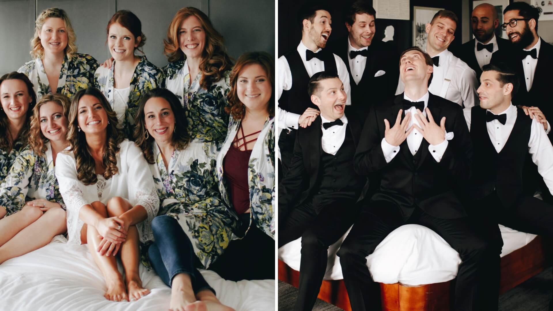 On the left, smiling women in casual floral outfits sit on a bed. On the right, men in formal suits and bow ties laugh together while sitting and standing around a bed.
