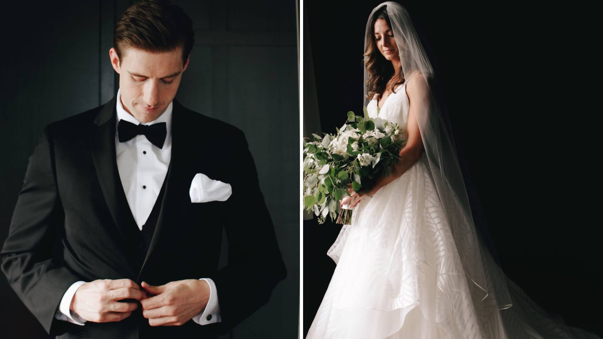 A groom adjusts his suit jacket on the left. A bride holds a bouquet and stands in a wedding dress on the right.