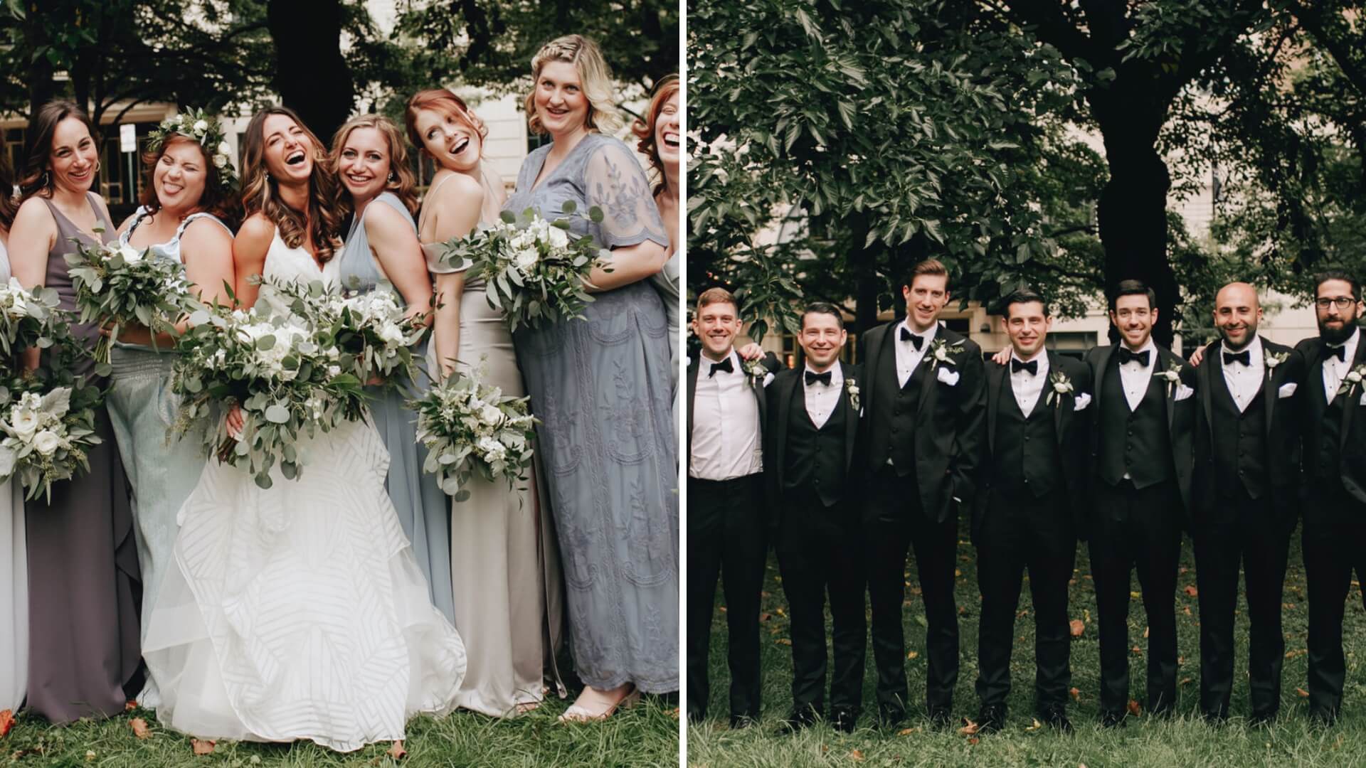 Wedding party photo with bridesmaids in varied pastel dresses holding bouquets on the left, and groomsmen in black suits with bow ties on the right, all standing on grass under trees.