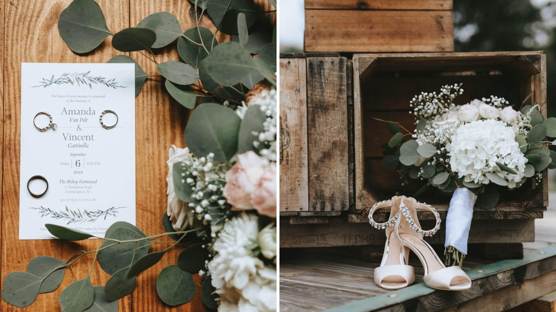 Wedding invitation and rings with eucalyptus on wood; bridal bouquet and shoes in wooden crate.