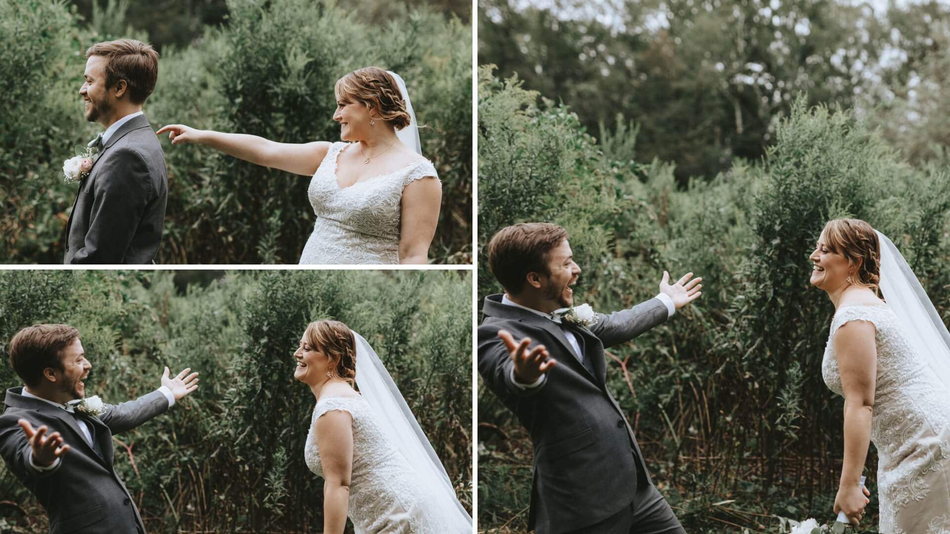 A bride and groom have a joyful first look in a garden setting, both smiling broadly.