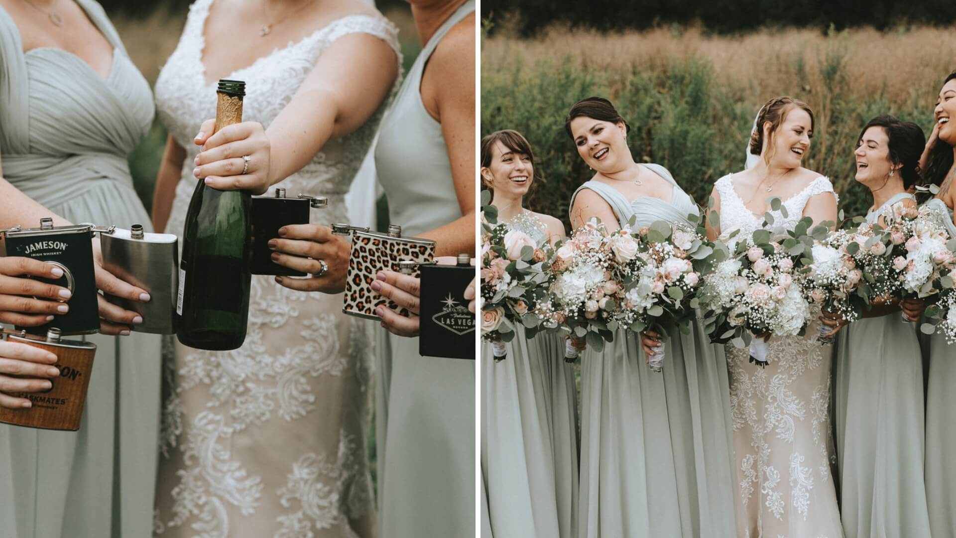 Bridal party in light green dresses with bouquets, holding flasks and a champagne bottle in a grassy outdoor setting.