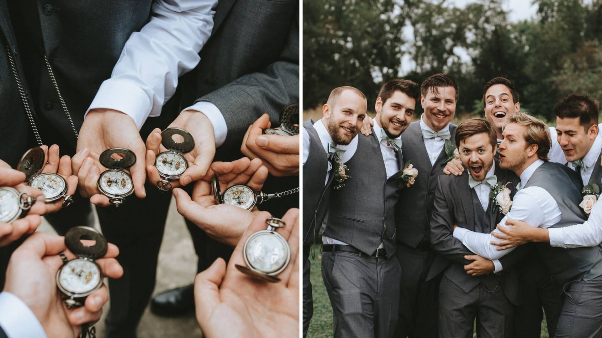 Two images: Left shows people holding pocket watches. Right shows a group of men in suits and waistcoats, smiling and embracing in an outdoor setting.