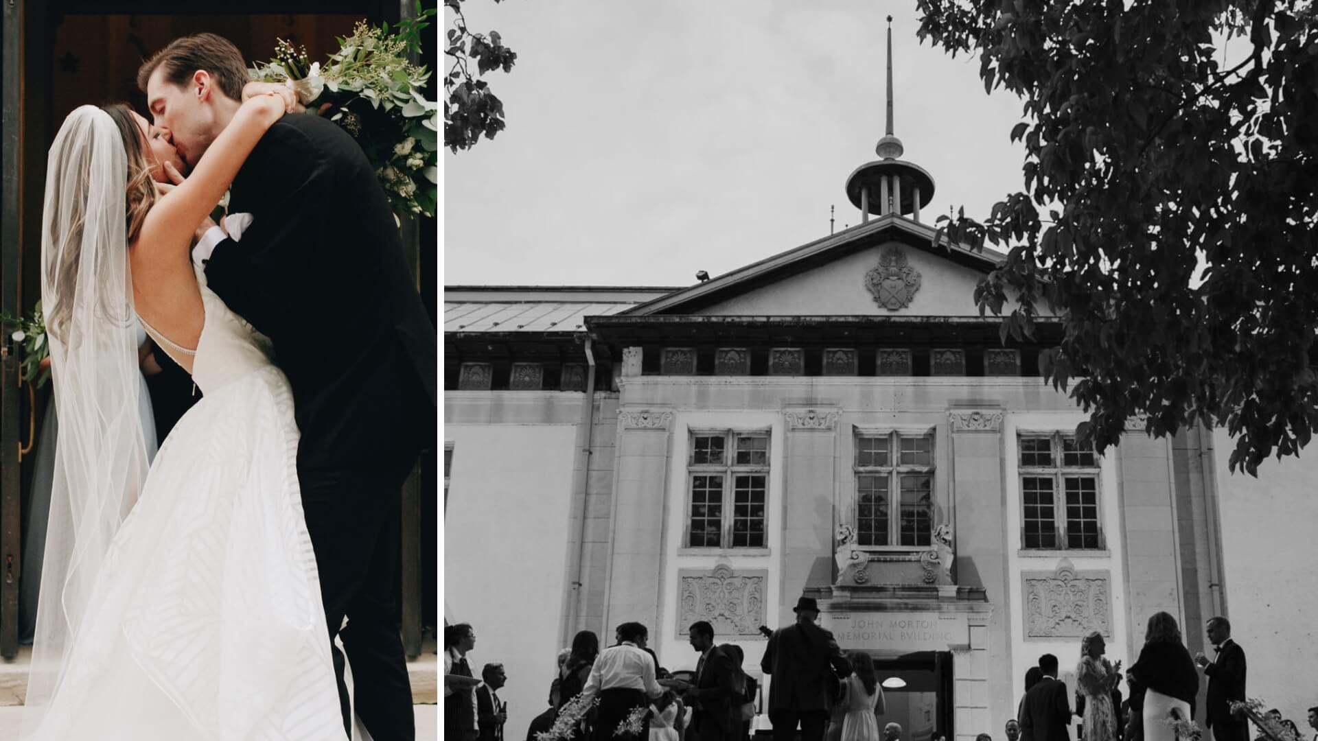 A bride and groom kiss on the left. People gather outside a historic building on the right.