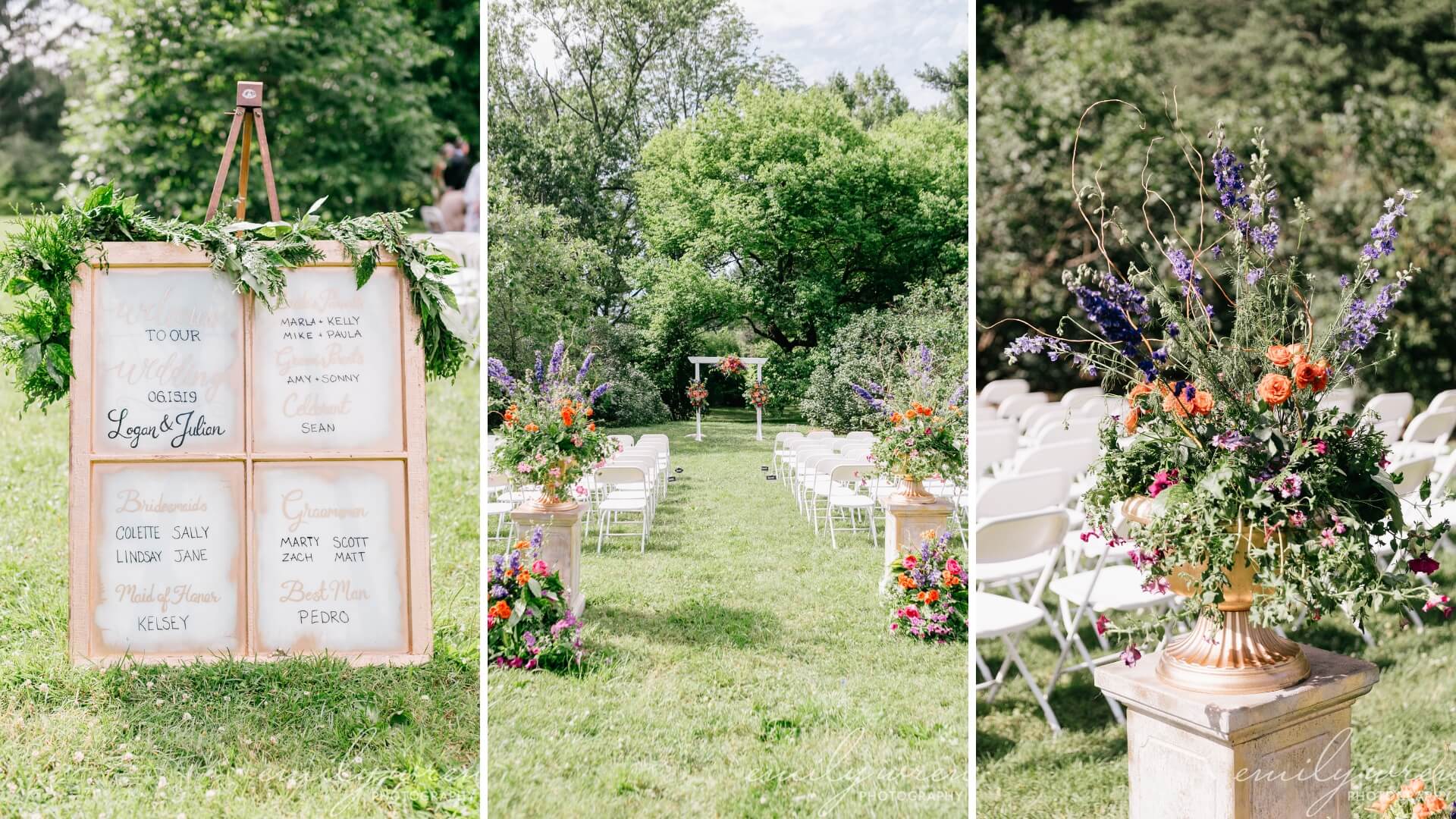 Outdoor wedding setup with floral decorations and seating. Left: Sign with names and wedding details. Center: Aisle with white chairs and floral arrangements. Right: Close-up of an ornate floral display.