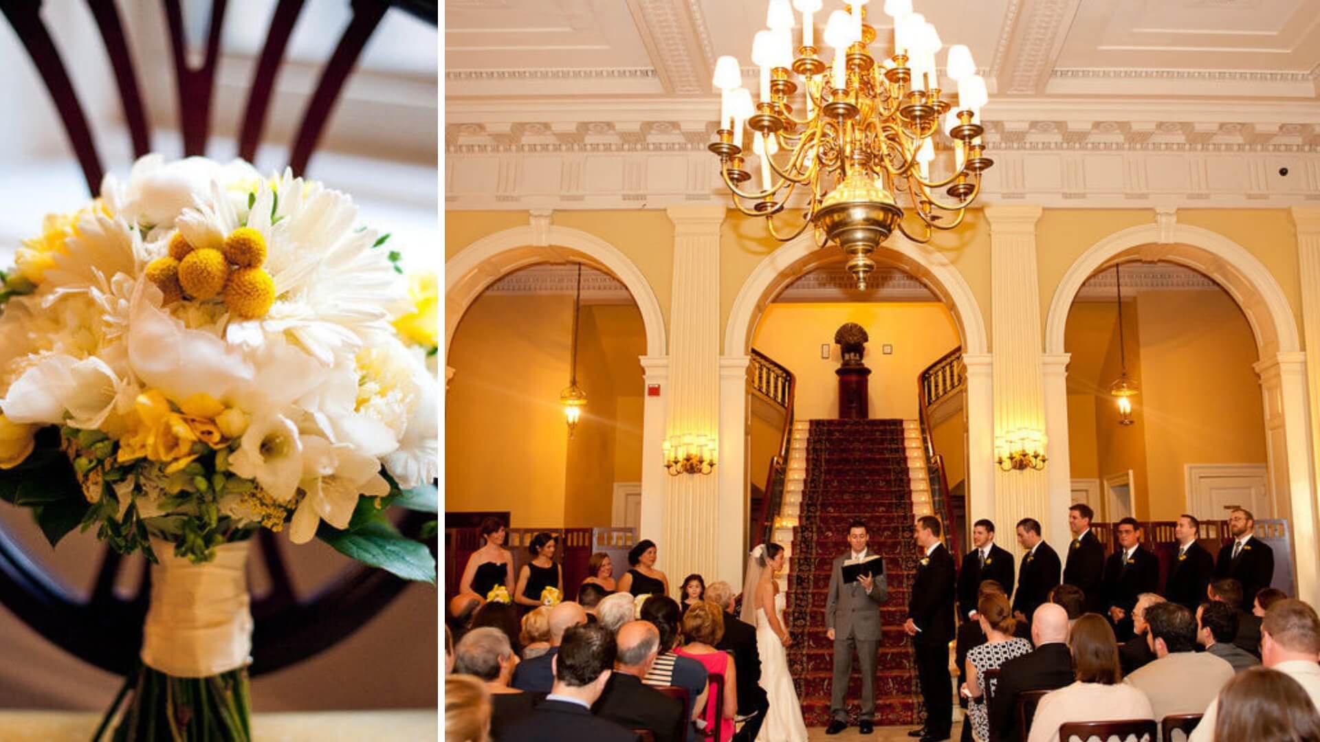 A wedding ceremony in a grand hall with chandeliers and an archway. A bridal bouquet with white and yellow flowers is shown in a close-up on the left. Guests are seated, facing the couple.