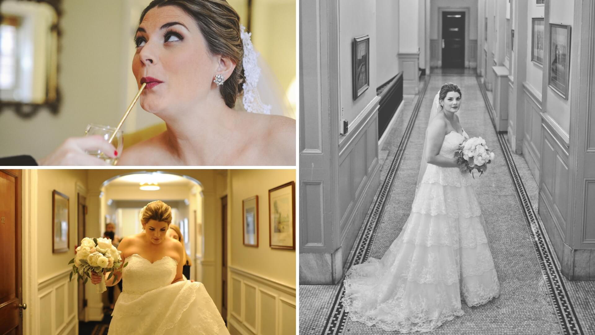 Bride in wedding dress; top left: sipping drink, bottom left: adjusting dress, right: holding bouquet in hallway.