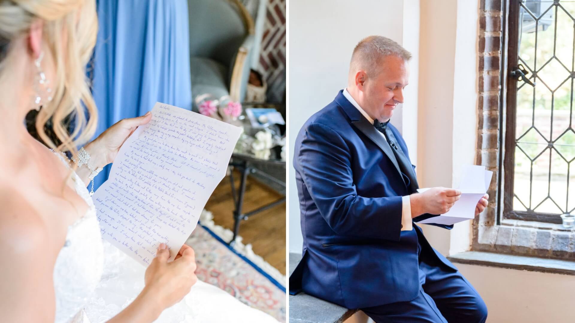 A bride in a white dress reads a handwritten letter. A groom in a suit sits by a window, holding a piece of paper and smiling.