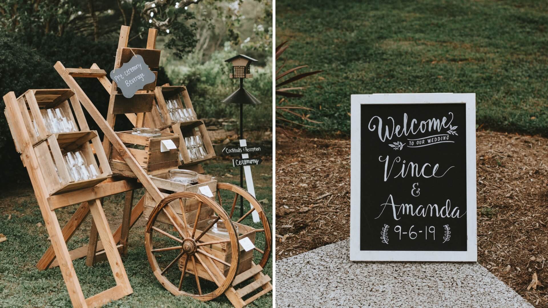 Wooden cart with glass bottles and a lantern display next to a chalkboard wedding welcome sign reading "Welcome to our wedding, Vince & Amanda, 9-6-19.