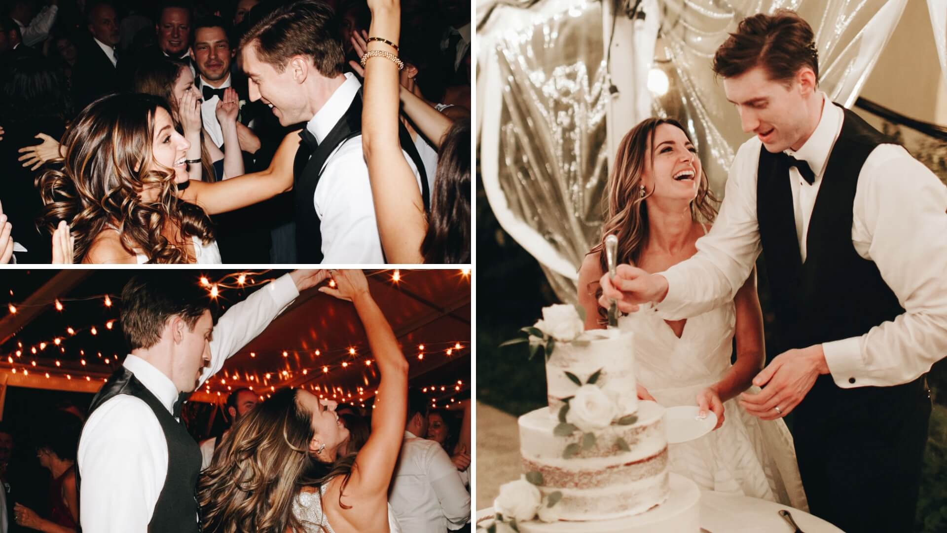Couple in formal attire, dancing joyfully at a celebration with guests, and cutting a tiered white cake adorned with flowers under a decorated tent.