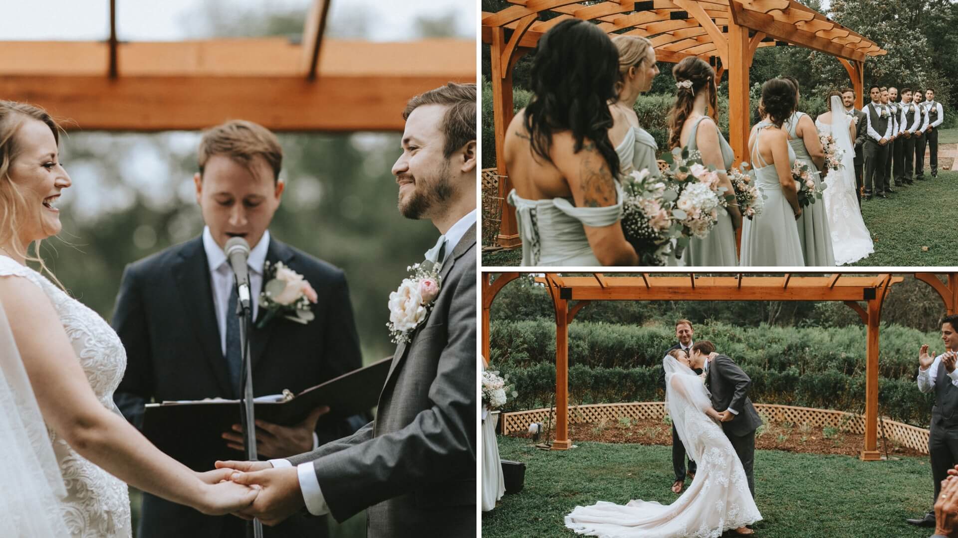 Bride and groom exchanging vows, with a wedding officiant and bridesmaids in the background. The couple shares a kiss under a wooden arch.