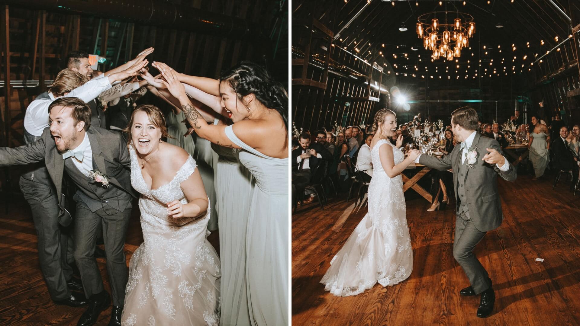 A bride and groom celebrate with guests in a rustic barn. On the left, they partake in a group activity. On the right, they dance together under chandeliers.