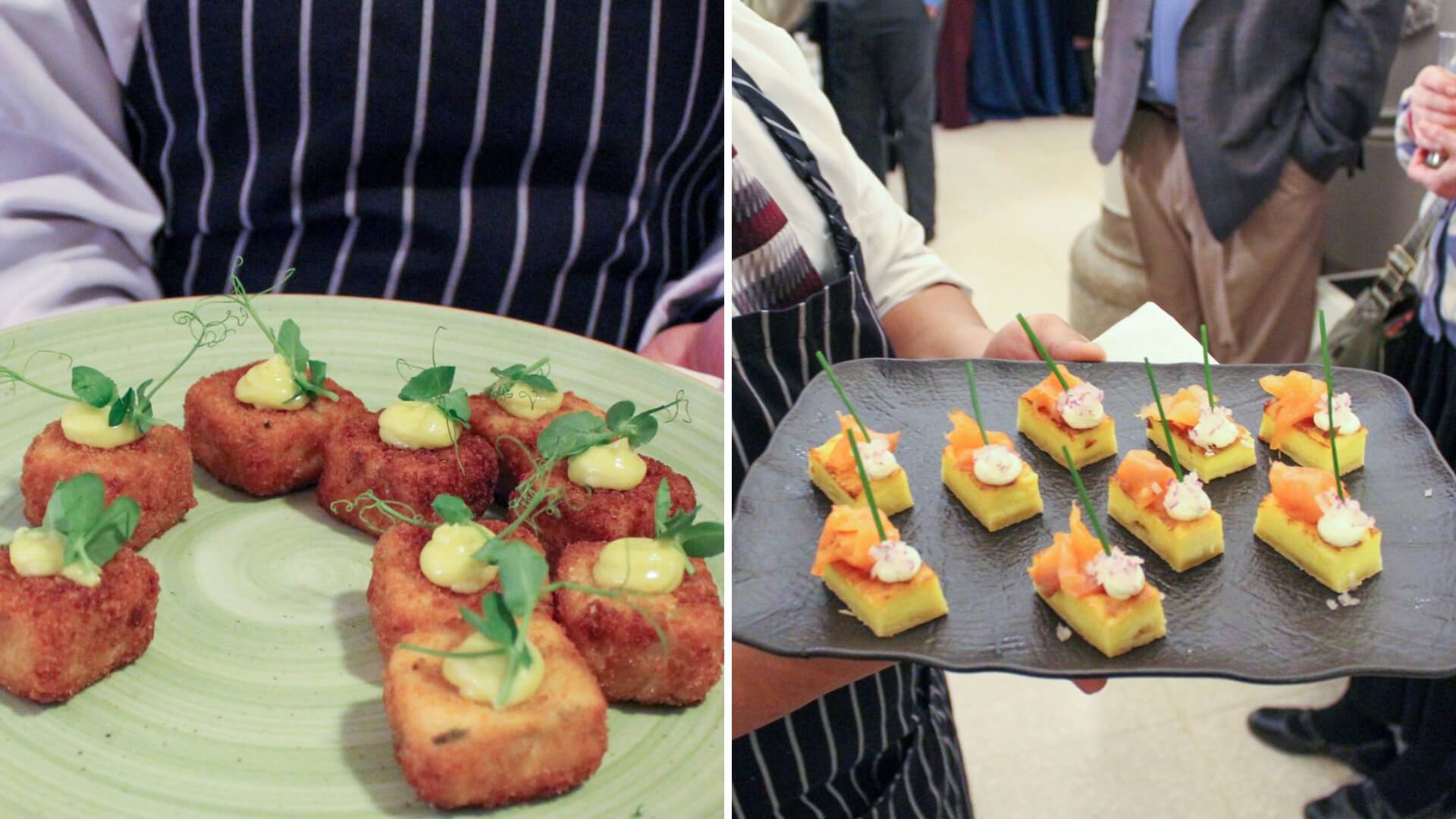 Two images of appetizers being served on trays. Left: Fried squares with garnish on a green plate. Right: Small square bites with toppings on a black tray. People are seen in the background.