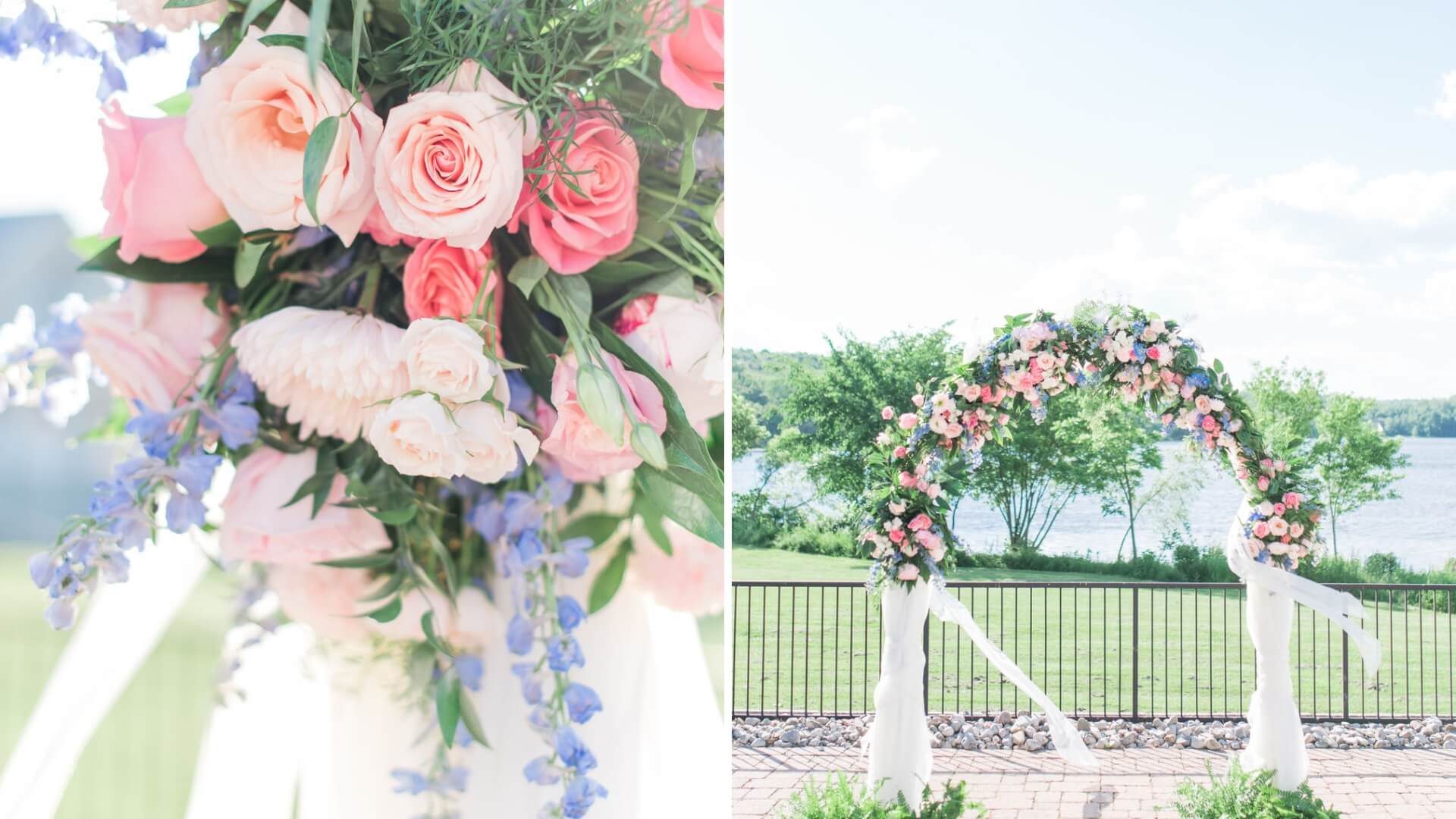 Close-up of a floral arrangement with pink roses and greenery on the left. On the right, a flower-adorned arch is set in a garden overlooking a body of water.