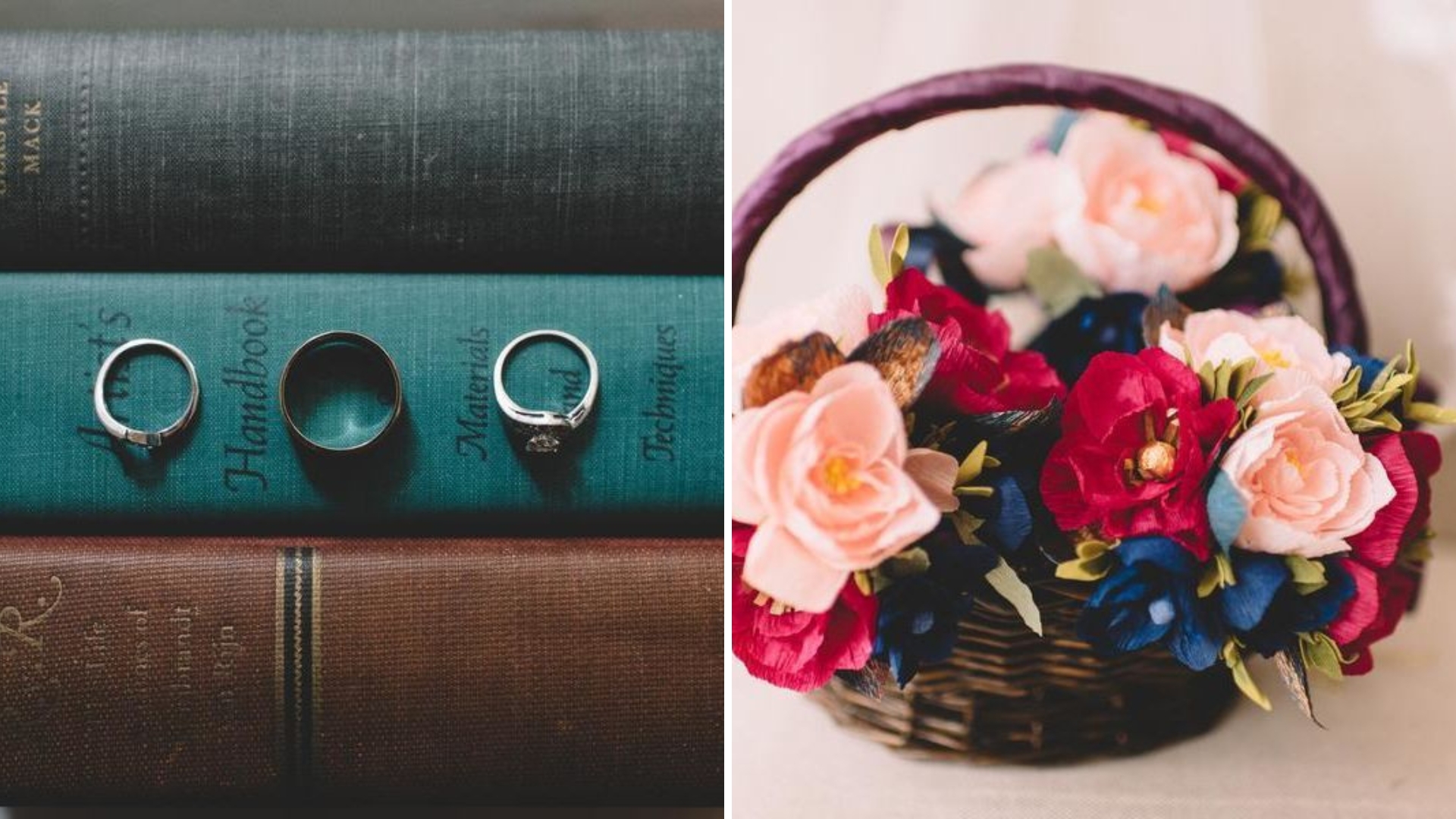 Three rings on stacked books at left; basket of colorful fabric flowers on right.