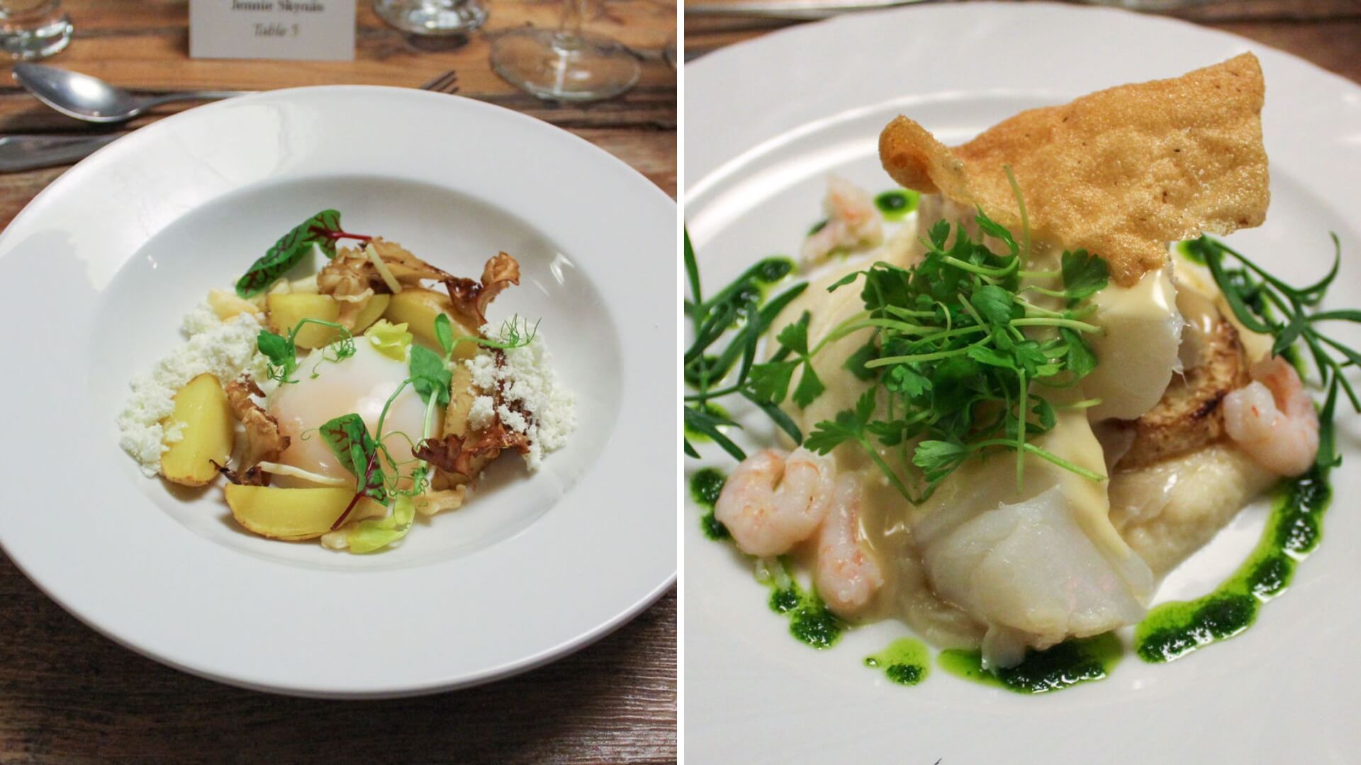 Two plated gourmet dishes: left, a poached egg with potatoes and greens; right, a seafood dish with white fish, prawns, greens, and a crispy garnish.