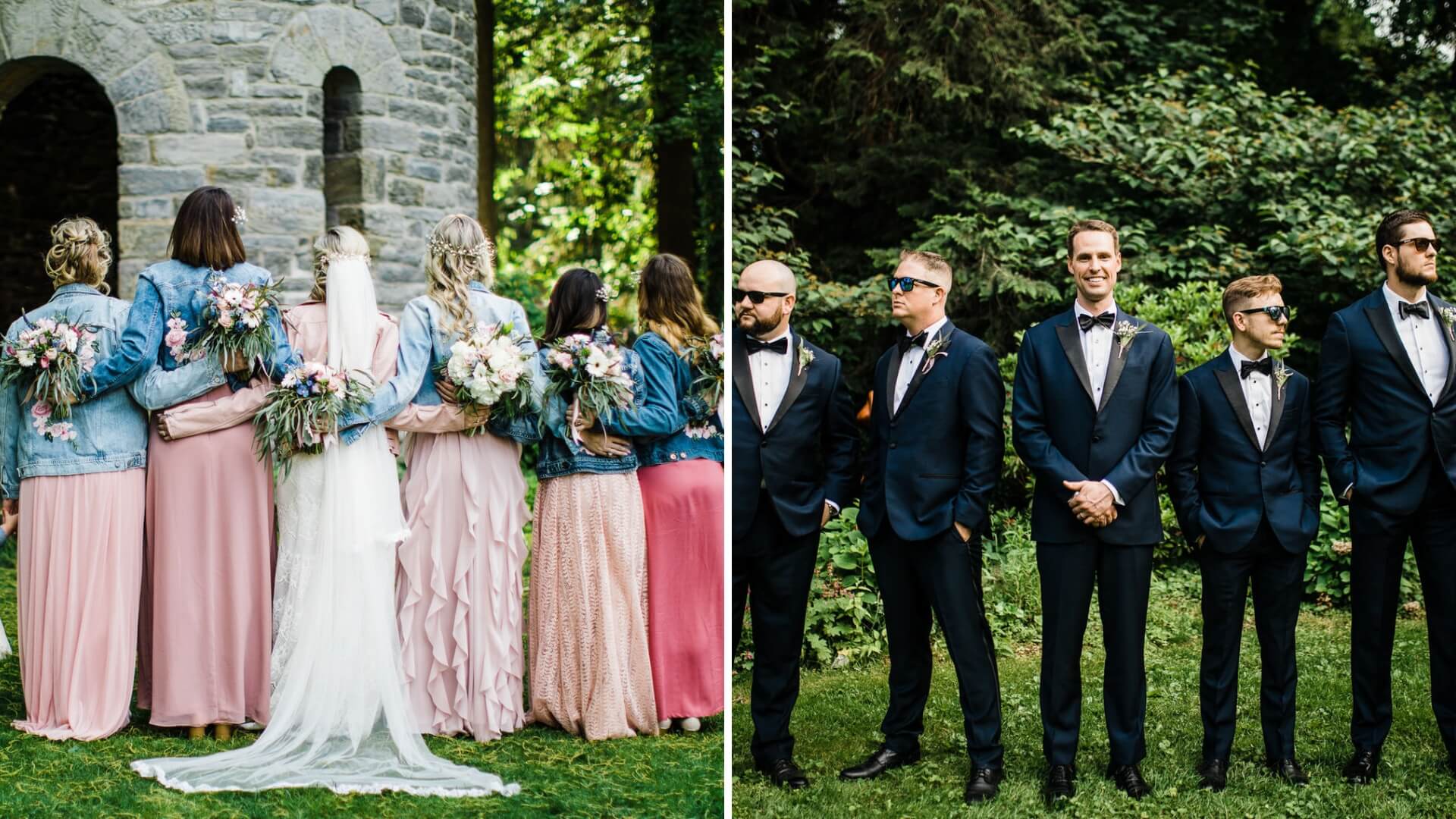 Two photos: Left shows a bride with bridesmaids in pink dresses and denim jackets, backs facing, holding bouquets. Right shows groomsmen in suits standing in a row.