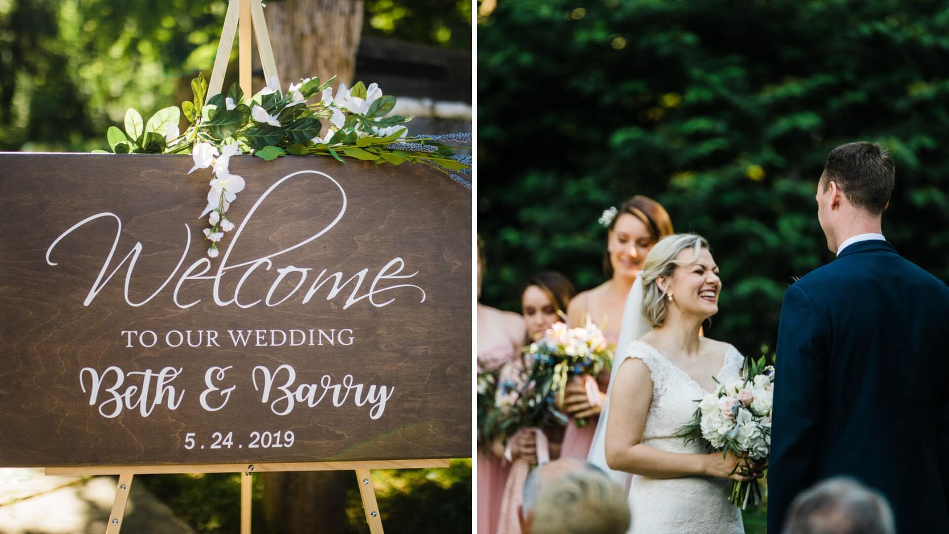 A wedding sign reads "Welcome to Our Wedding, Beth & Barry, 5.24.2019." A bride and groom stand together outside, with bridesmaids in the background.