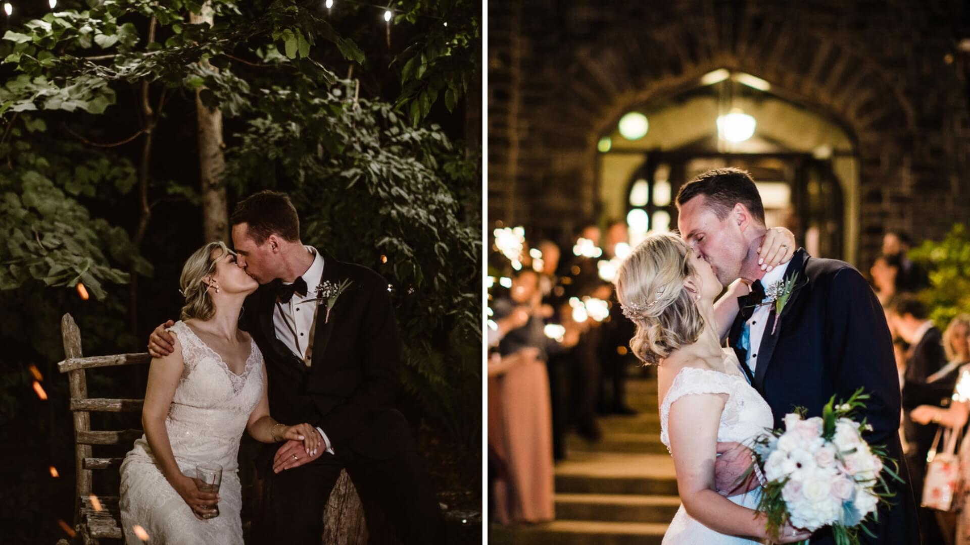 A couple in wedding attire shares a kiss outdoors, surrounded by lush greenery and warm lighting, followed by another kiss in front of a stone building with guests holding sparklers.