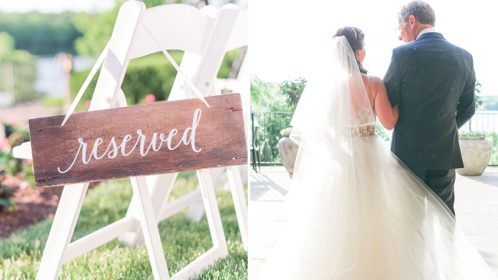 Left side shows a wooden "reserved" sign on a white chair. Right side shows a bride and an older man walking outside, back view.