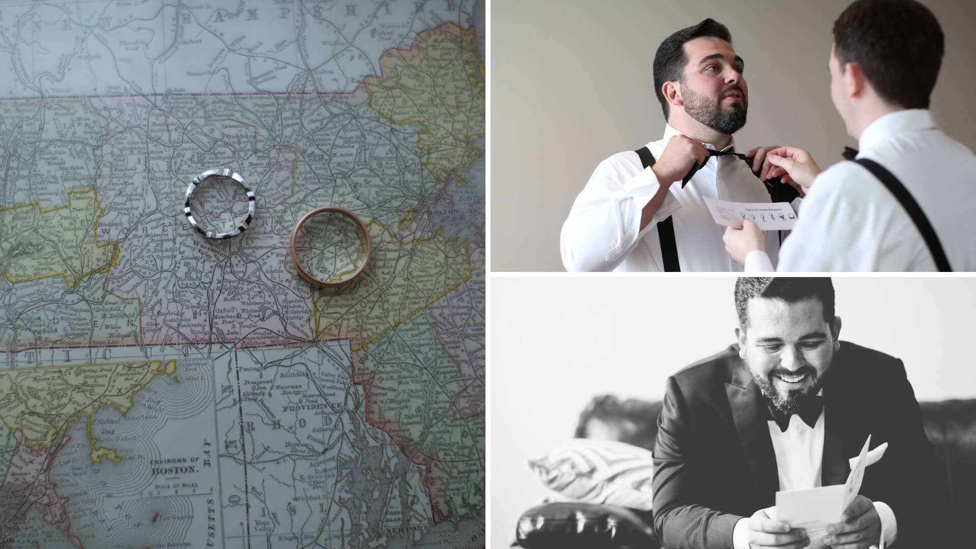 Collage of three images: map with rings, a man adjusting a tie with assistance, and the same man in a suit reading a letter.