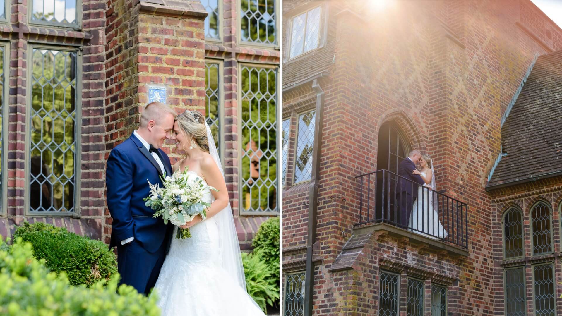 A bride and groom pose closely outside a brick building in one image and share a kiss on a balcony in another.