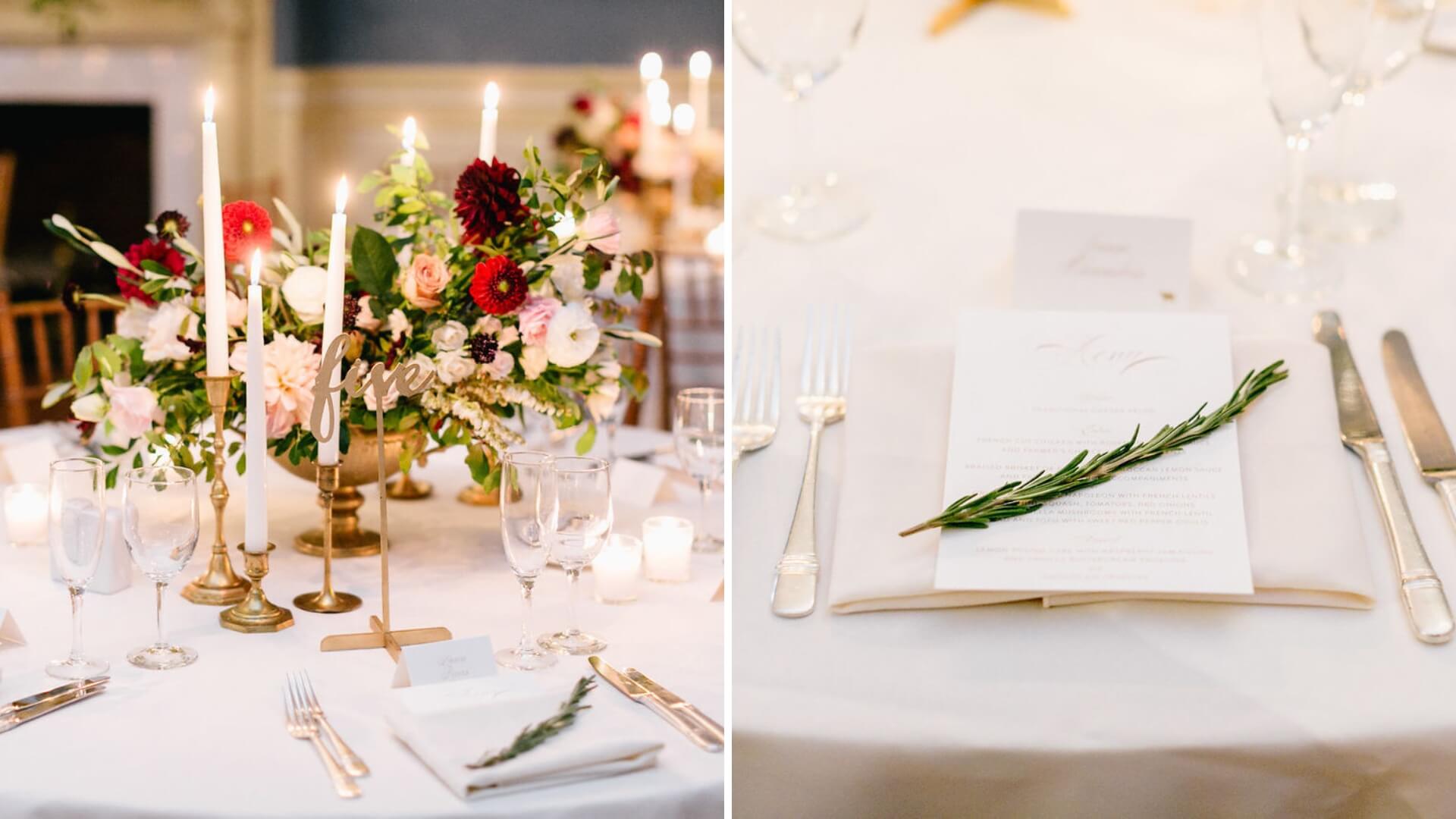 Elegant table setting featuring floral centerpiece with lit candles on the left and a neatly arranged place setting with a menu and rosemary sprig on the right.