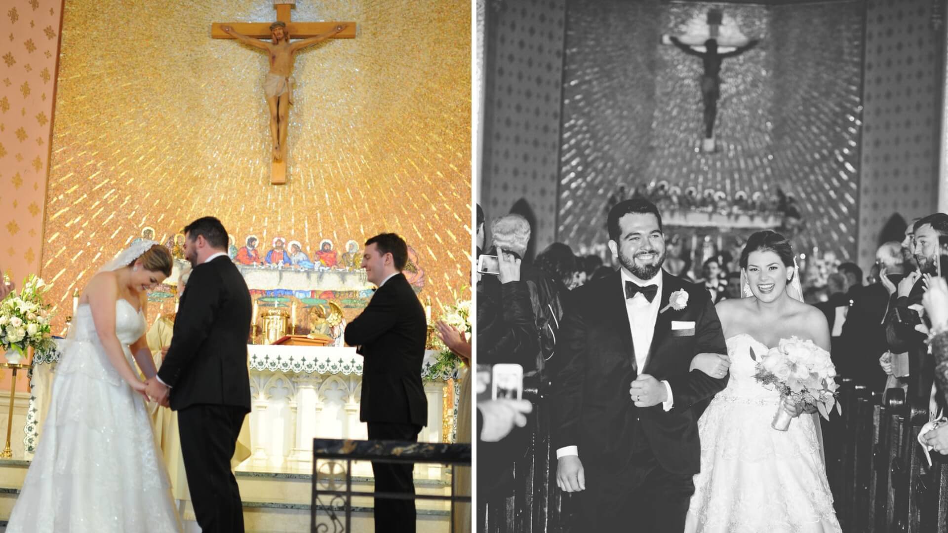 A bride and groom stand at the altar of a church, with a priest officiating. In another shot, they walk arm in arm down the aisle, smiling, holding a bouquet.