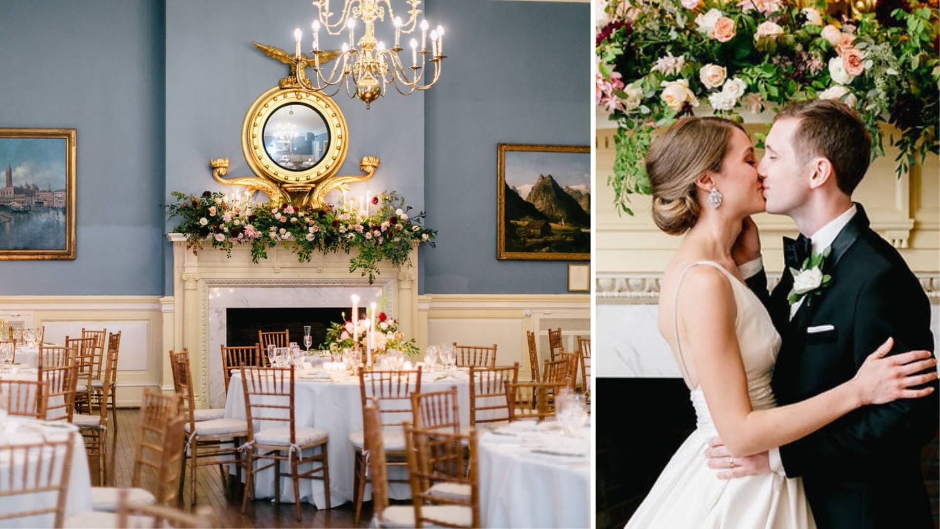 Elegant dining room with chandeliers and floral decor on the left; a couple kissing at their wedding near a fireplace adorned with flowers on the right.
